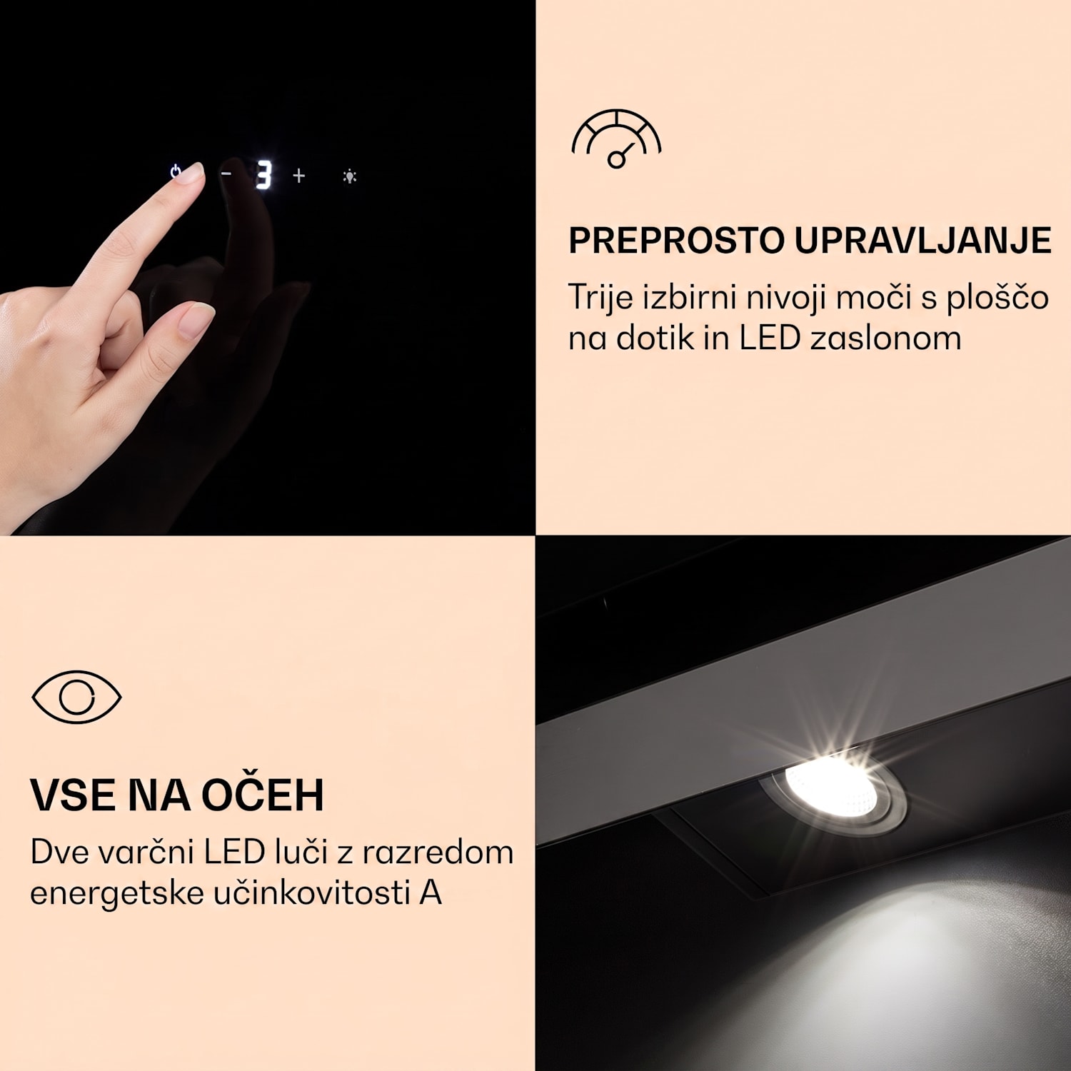 Aurora Eco 60, kuhinjska napa, 60 cm, stenska, 585 m³/h, A+, upravljanje na dotik, črna 60 cm | Ne | Črna