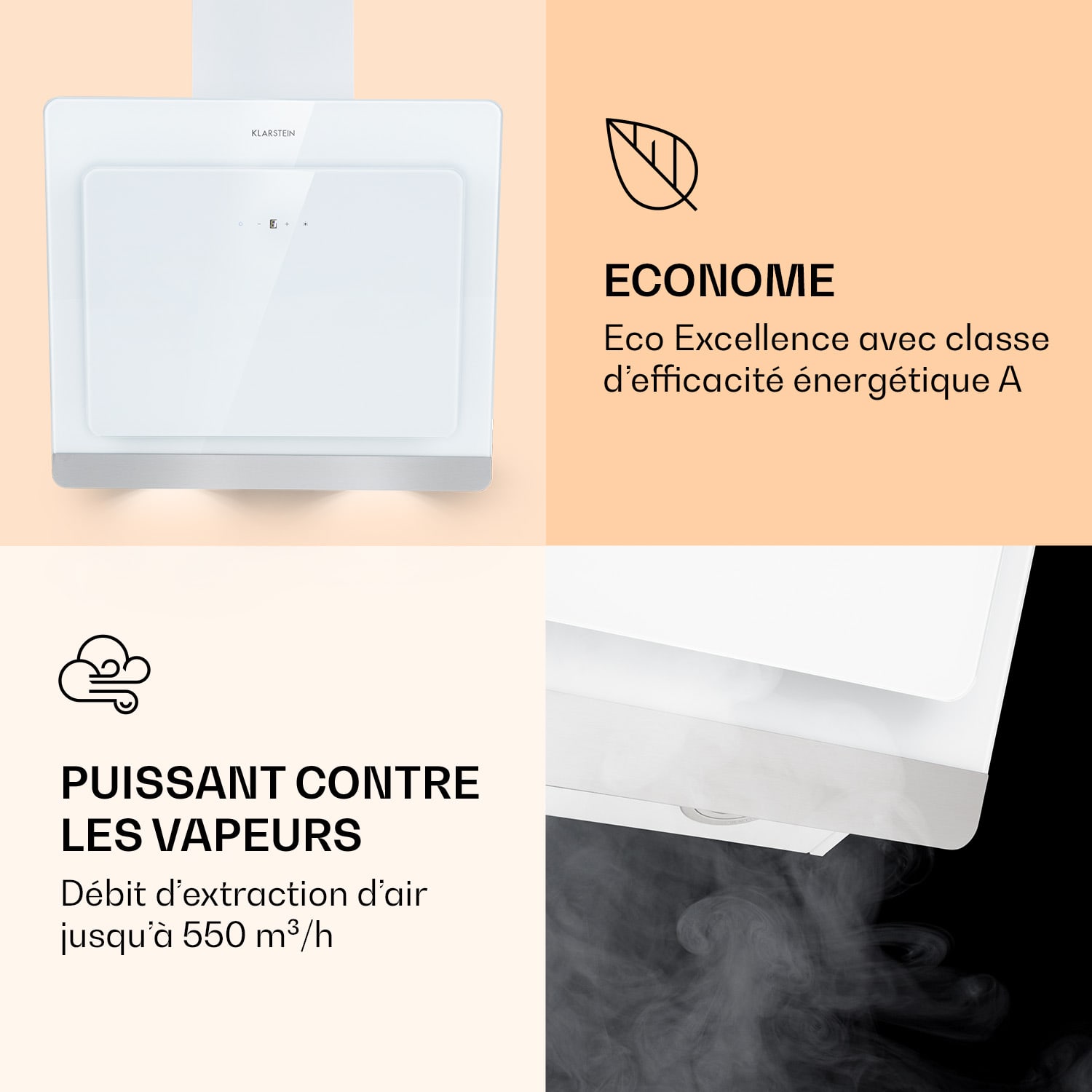 Aurora Eco 60 Hotte aspirante 550 m³/h 60 cm sans tête Lumière d'ambiance CEE A+ 60 cm | Non | Blanc