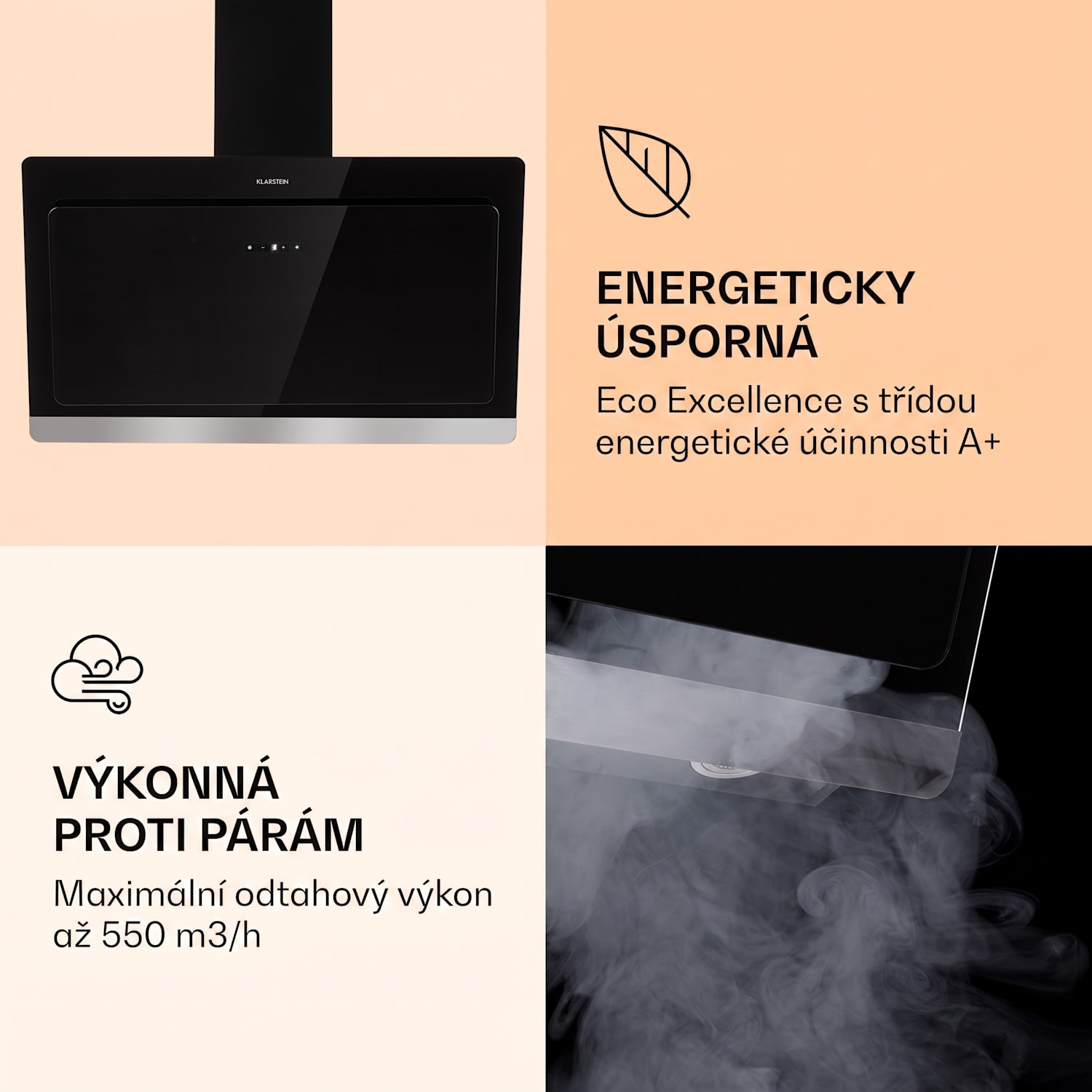 Aurora Eco 90, digestoř, 90 cm, nástěnná, 585 m³/h, A+, dotykové ovládání, černá 90 cm | Ne | Černá