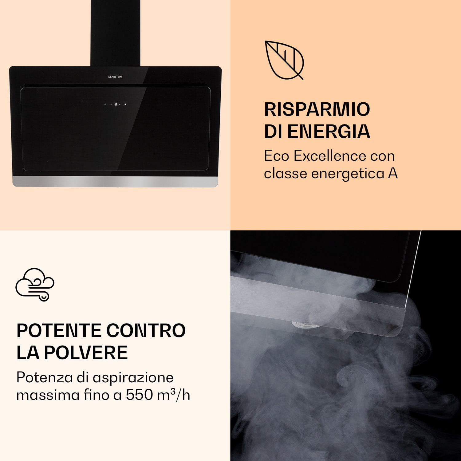 Aurora Eco 90 Cappa aspirante, 550 m³/h, 90cm, senza testa, luce ambiente, CEE A+ 90 cm | No | Nero