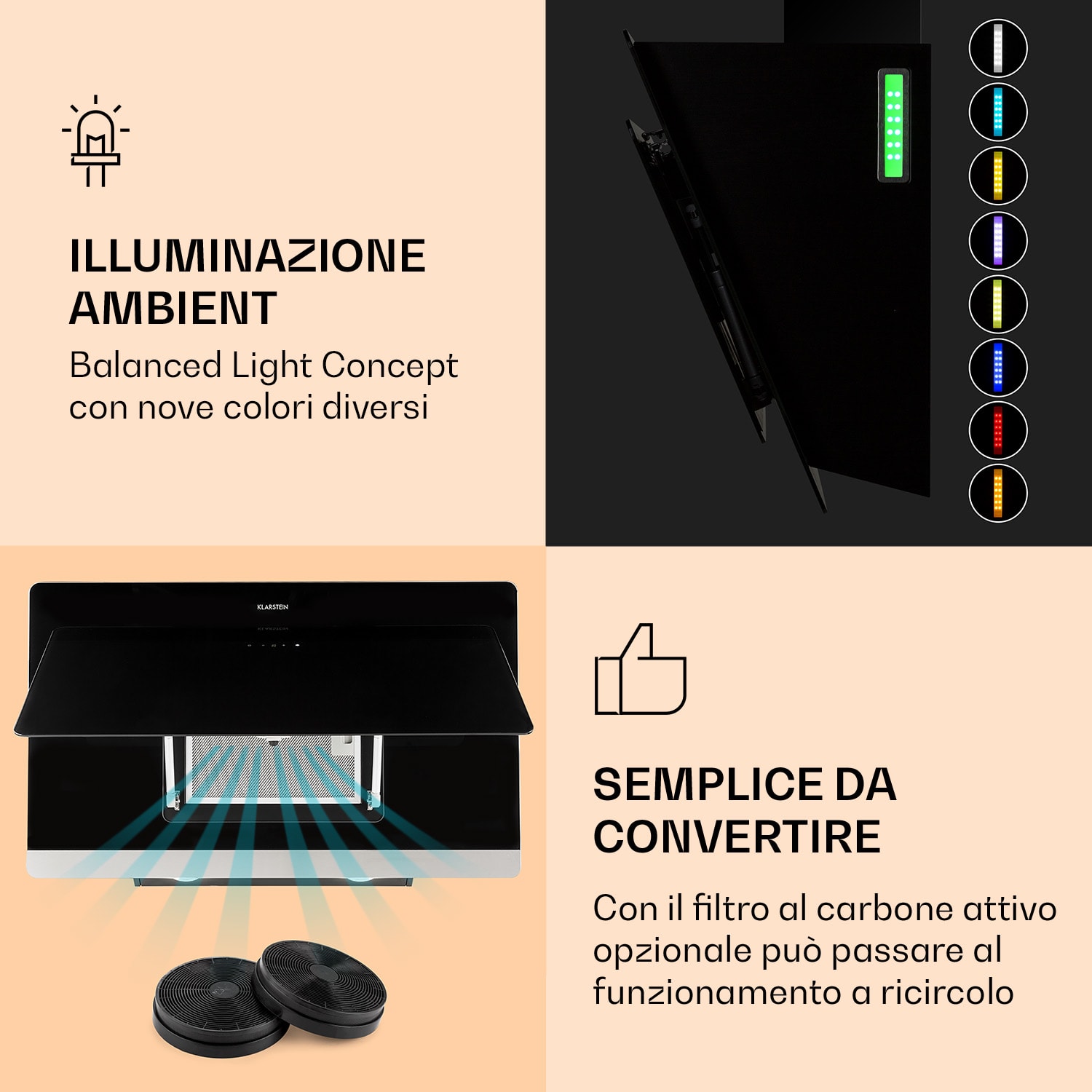 Aurora Eco 90 Cappa aspirante, 550 m³/h, 90cm, senza testa, luce ambiente, CEE A+ 90 cm | No | Nero