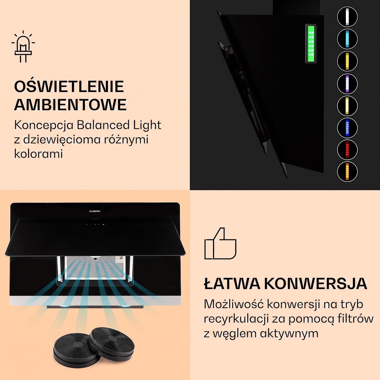 Aurora Eco 90, okap kuchenny, 90 cm, przyścienny, 550 m³/h, A+, sterowanie dotykowe, czarny 90 cm | Nie | Czarny
