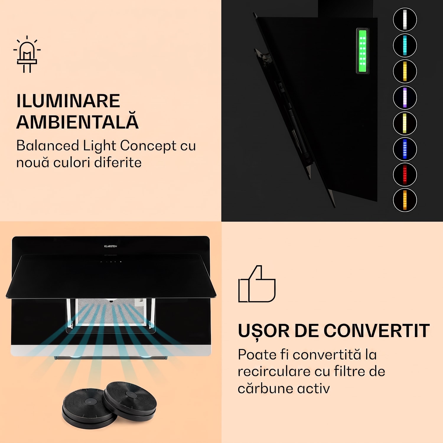 Aurora Eco 90, hotă, 90 cm, de perete, 585 m³/h, A+, control tactil, neagra 90 cm | Nu | Negru