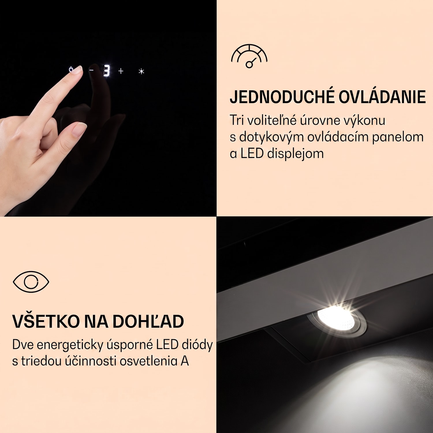 Aurora Eco 90, digestor, 90 cm, nástenný, 550 m³/h, A+, dotykové ovládanie, čierny 90 cm | Nie | Čierna
