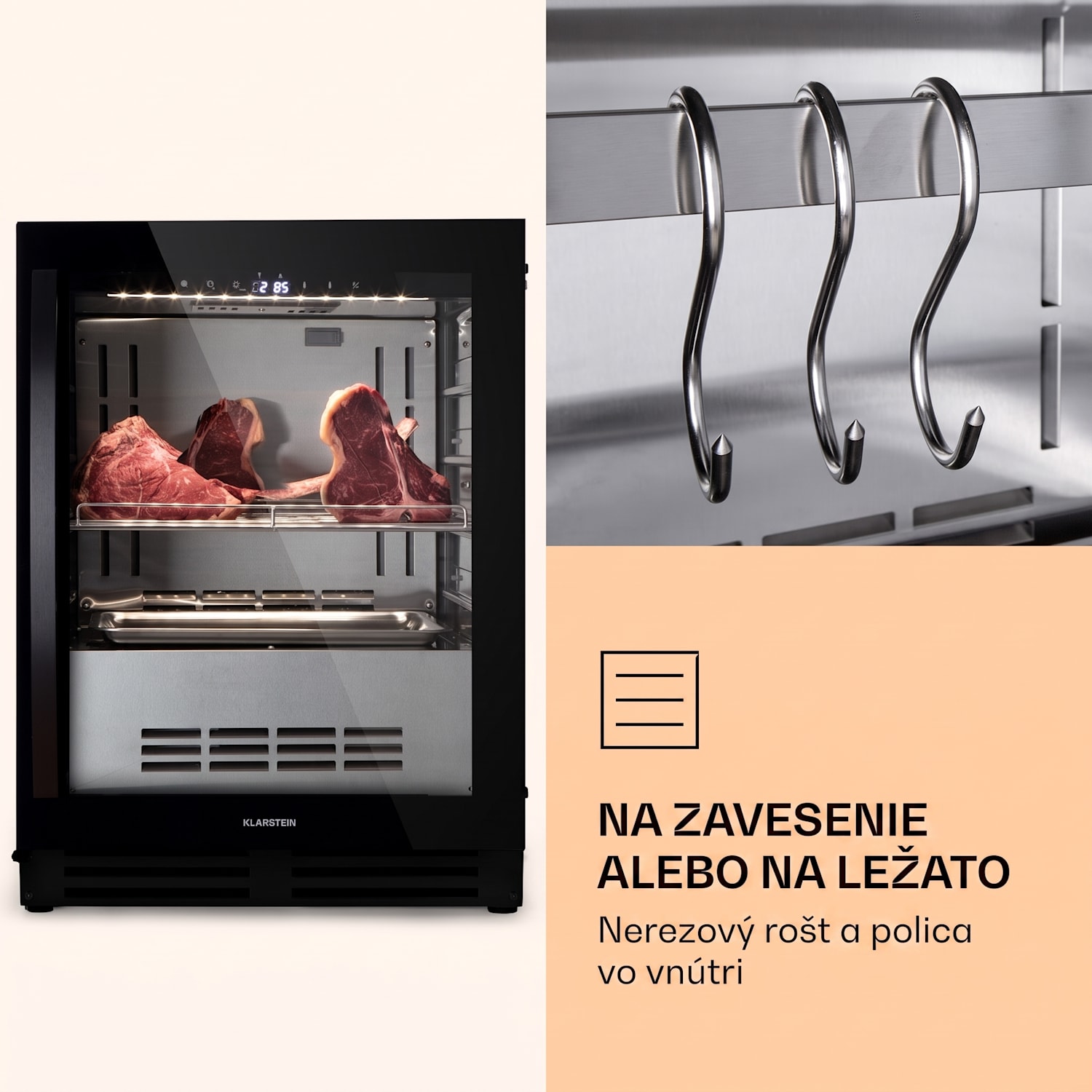 Steakhouse Pro 98 Onyx, chladnička na zrenie mäsa, 1 zóna, 98 l, 1-25°C, dotykový displej, panoramatické okno Čierna