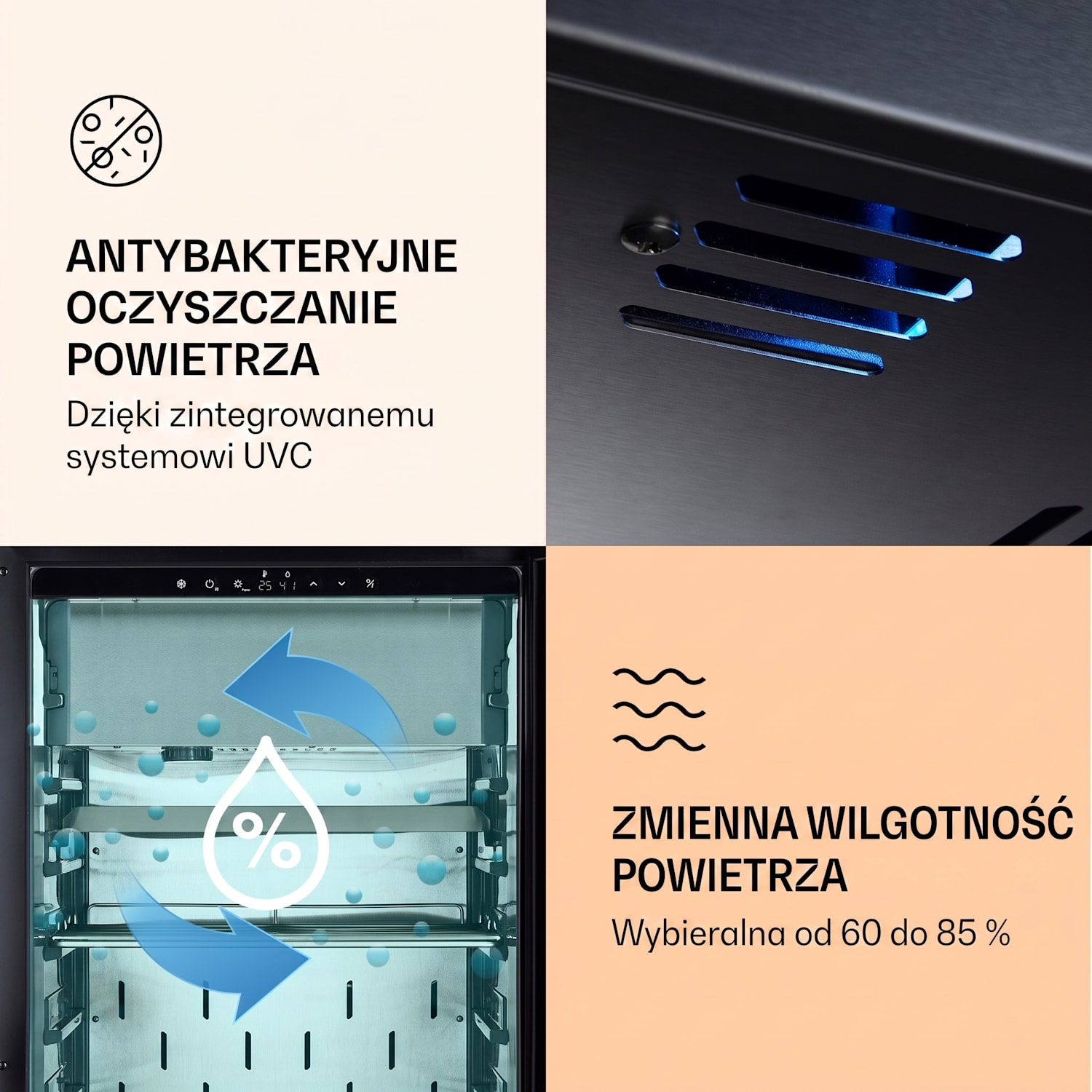 Steakhouse Pro 233, szafa do sezonowania mięsa, 1 strefa chłodzenia, 233 l, 1-25°C, panel dotykowy, panoramiczne drzwi Srebrny Metal
