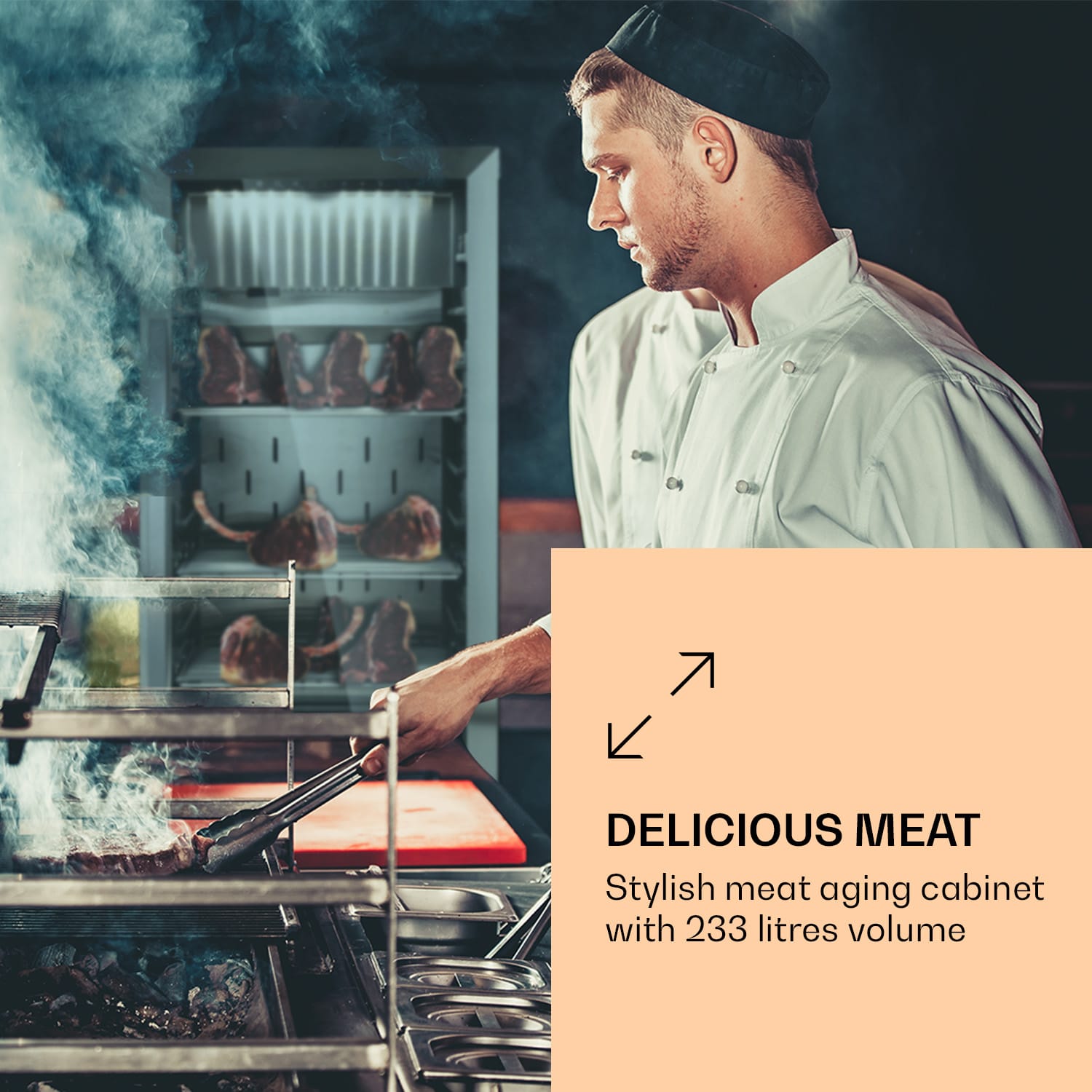 Steakhouse Pro 233, húsérlelő hűtőszekrény, 1 zóna, 233 liter, 1-25 °C, érintőképernyős kijelző, panoráma ablak Ezüst metál