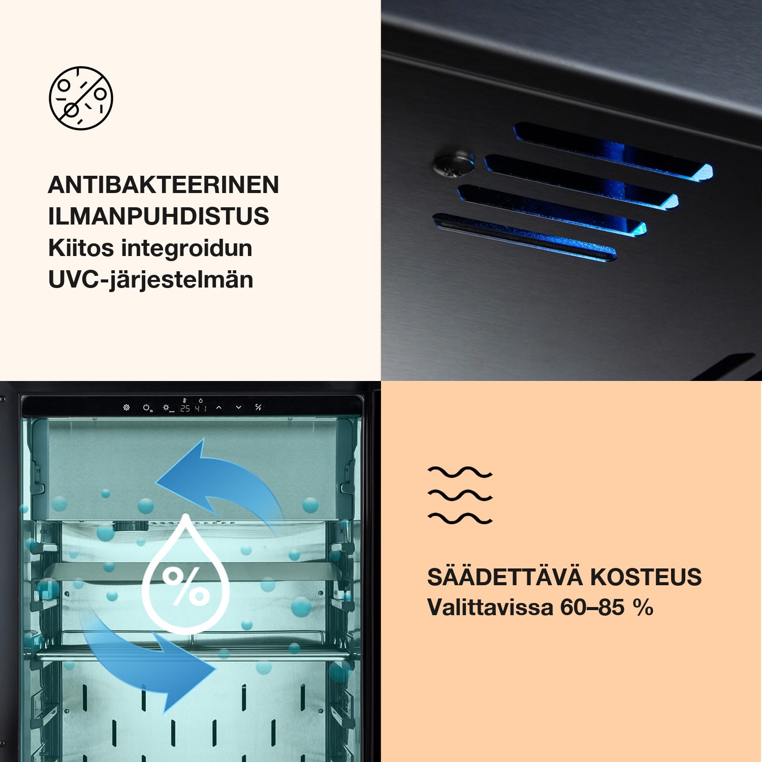Steakhouse Pro 233 Onyx lihan kypsytyskaappi 1 alue 233 litraa 1–25 °C kosketusnäyttö panoraamaikkuna Musta