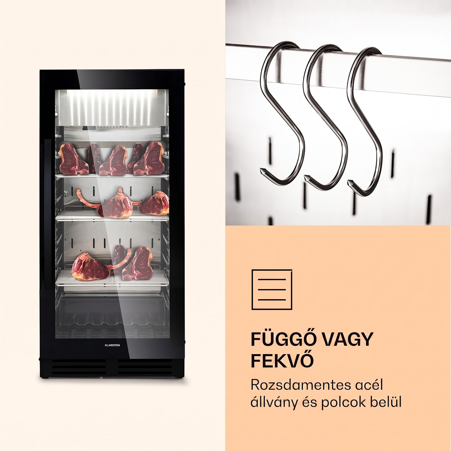 Steakhouse Pro 233, Onyx, húsérlelő hűtőszekrény, 1 zóna, 233 liter, 1-25 °C, érintőképernyős kijelző, panoráma ablak Fekete