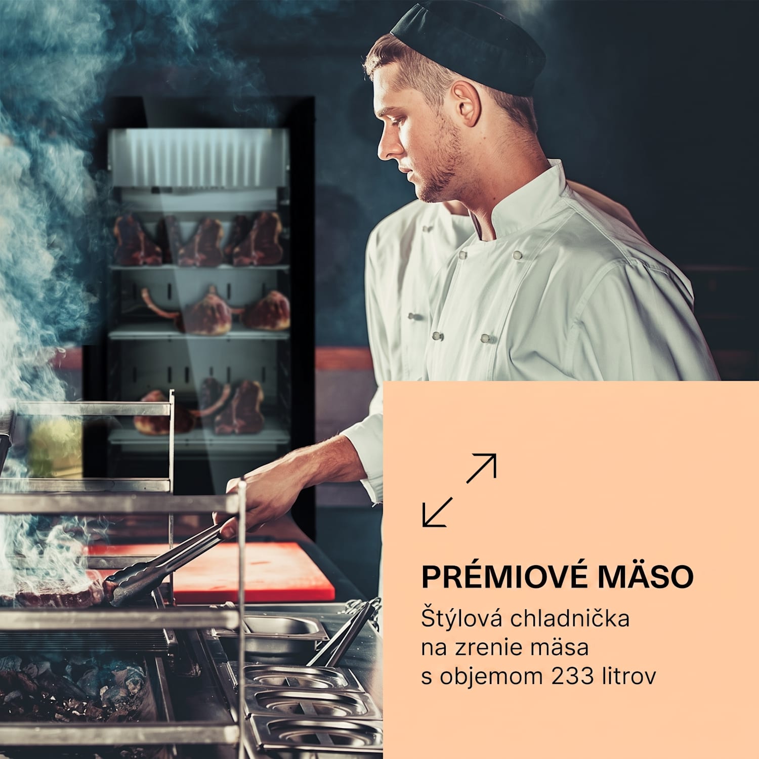 Steakhouse Pro 233 Onyx, chladnička na zrenie mäsa, 1 zóna, 233 l, 1-25°C, dotykový displej, panoramatické okno Čierna