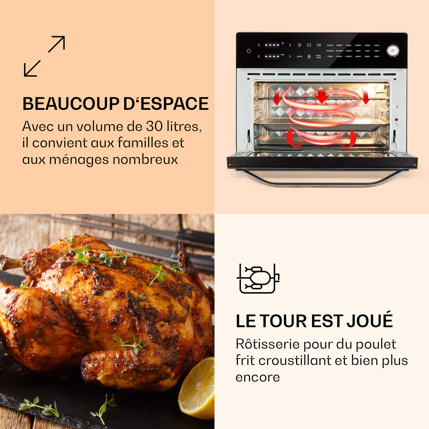 Vigor Air Friteuse à air chaud 1800 W 30 litres 18 programmes Chaleur supérieure et inférieure 