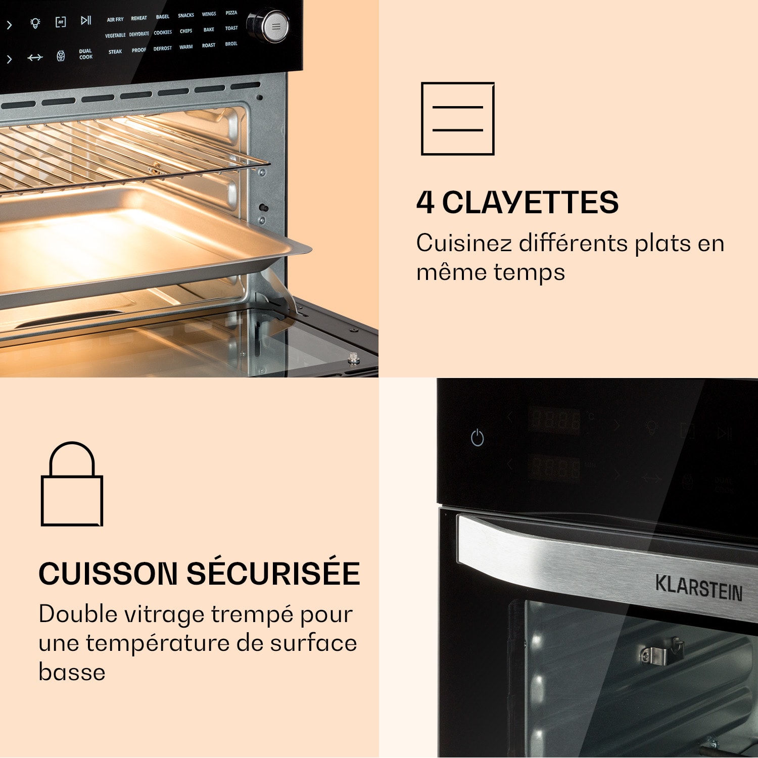 Vigor Air Friteuse à air chaud 1800 W 30 litres 18 programmes Chaleur supérieure et inférieure 