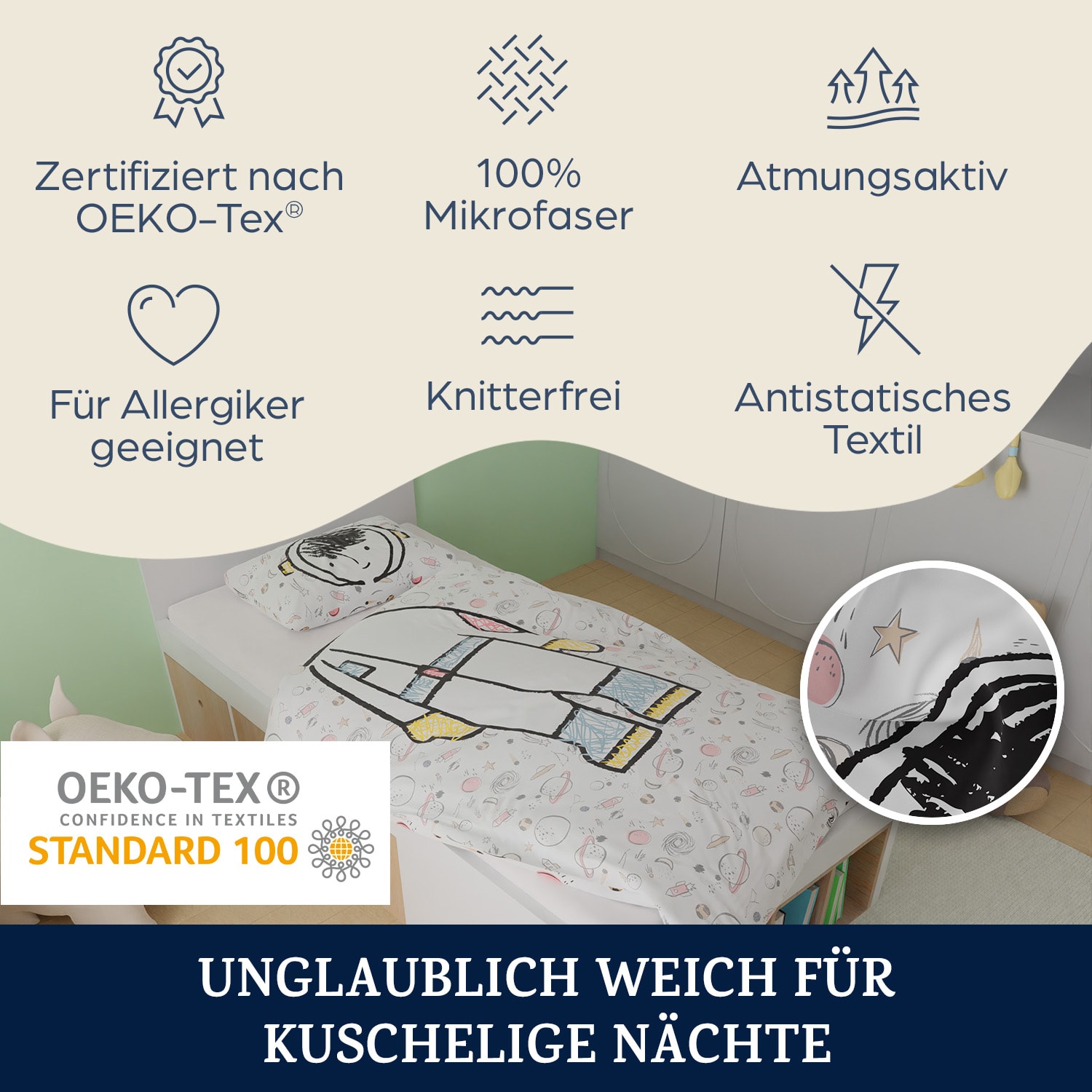 Soft Wonder Kids-Edition Parure de lit 100 x 135 cm 40 x 60 cm microfibre respirante 100 x 135 cm / 40 x 60 cm | astronaute