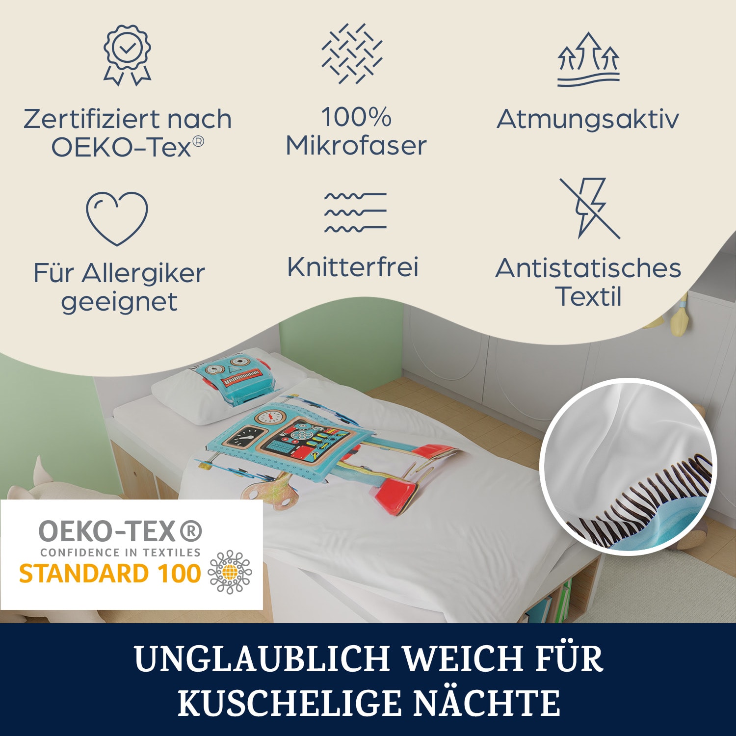 Soft Wonder Kids-Edition Bettwäsche 140 x 200 cm 65 x 65 cm atmungsaktiv Mikrofaser 140 x 200 cm / 65 x 65 cm | Roboter