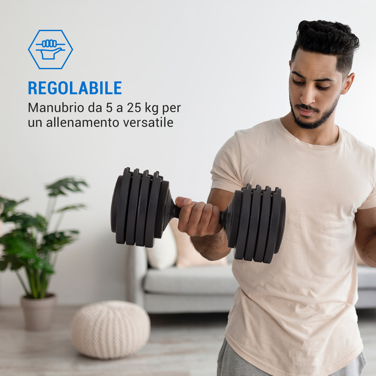 Delo - Manubrio regolabile, 25 kg, 5 regolazioni del peso con incrementi di 5 kg 25 kg | Nero