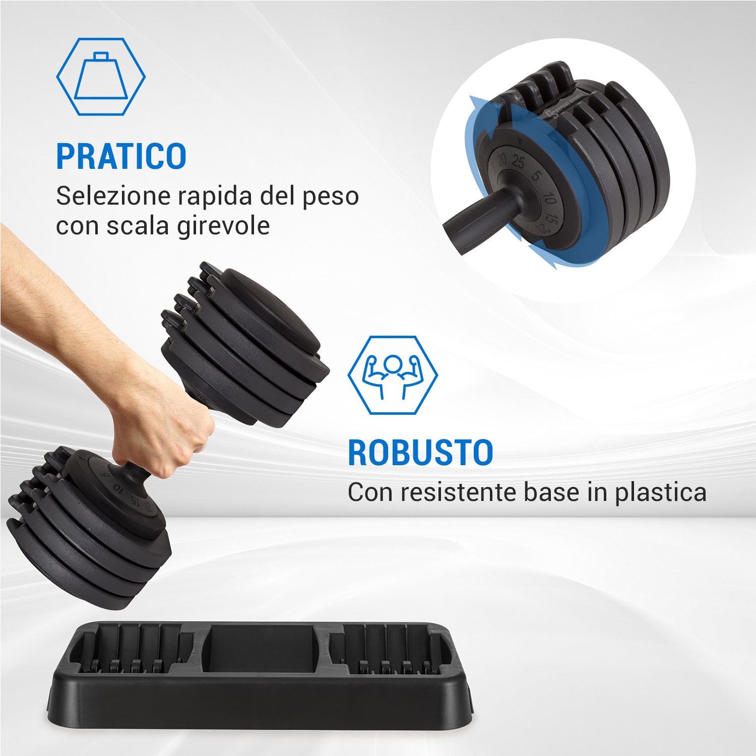 Delo - Manubrio regolabile, 25 kg, 5 regolazioni del peso con incrementi di 5 kg 25 kg | Nero