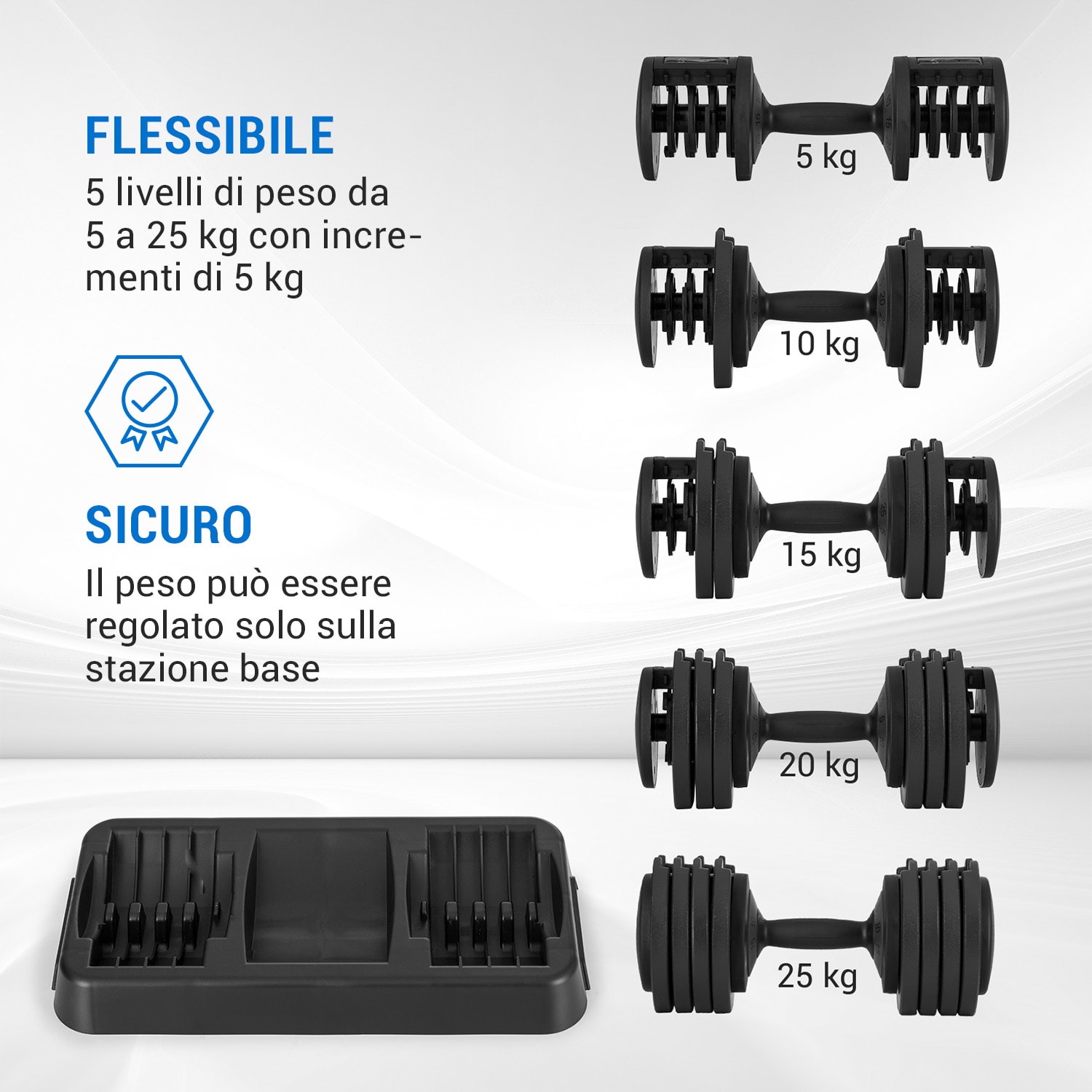 Delo - Manubrio regolabile, 25 kg, 5 regolazioni del peso con incrementi di 5 kg 25 kg | Nero