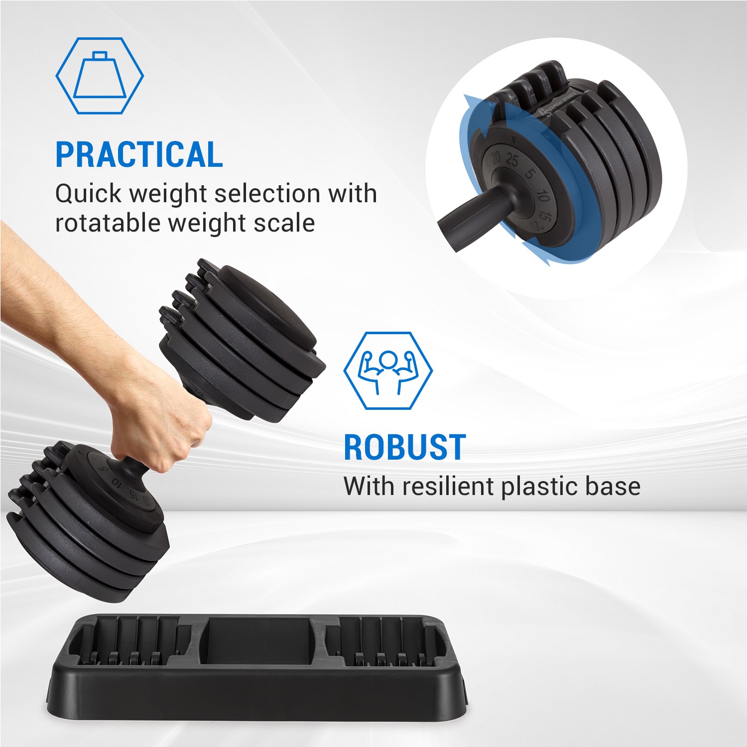 Delo, регулируем дъмбел, 25 кг, 5 нива на тежест с увеличение от 5 кг 25 kg | Черно