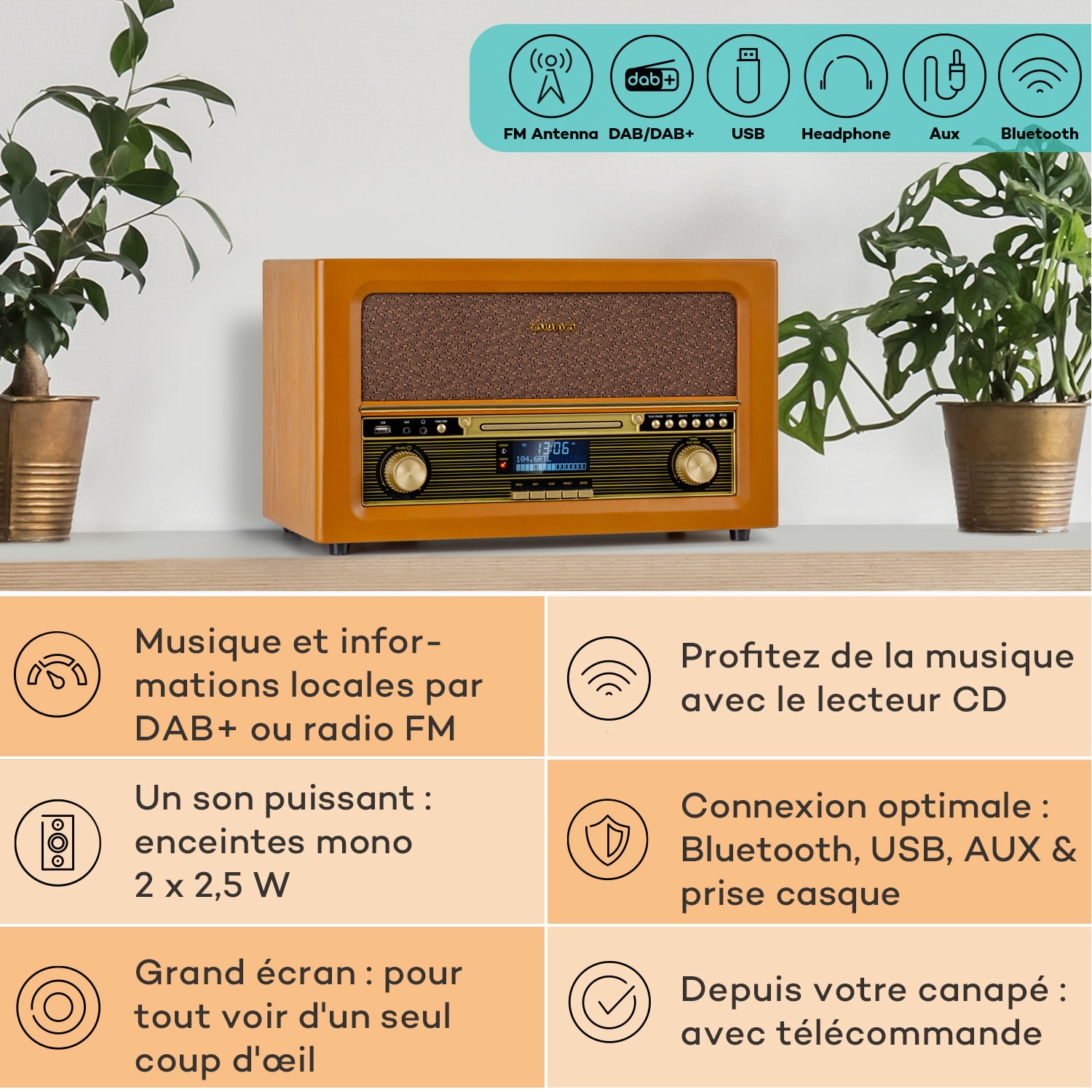 Belle Epoque 1906 DAB retro stereo-installatie radio DAB FM mp3 weergave BT Kersenhout