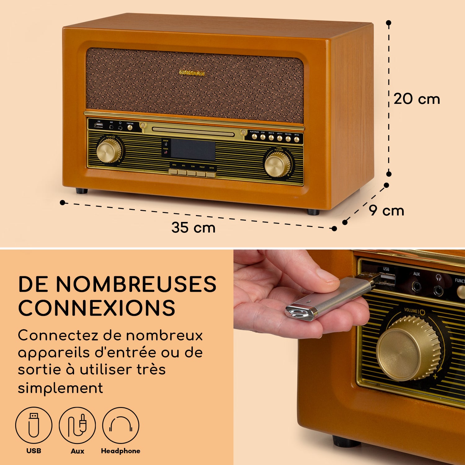 Belle Epoque 1906 DAB retro stereo-installatie radio DAB FM mp3 weergave BT Kersenhout