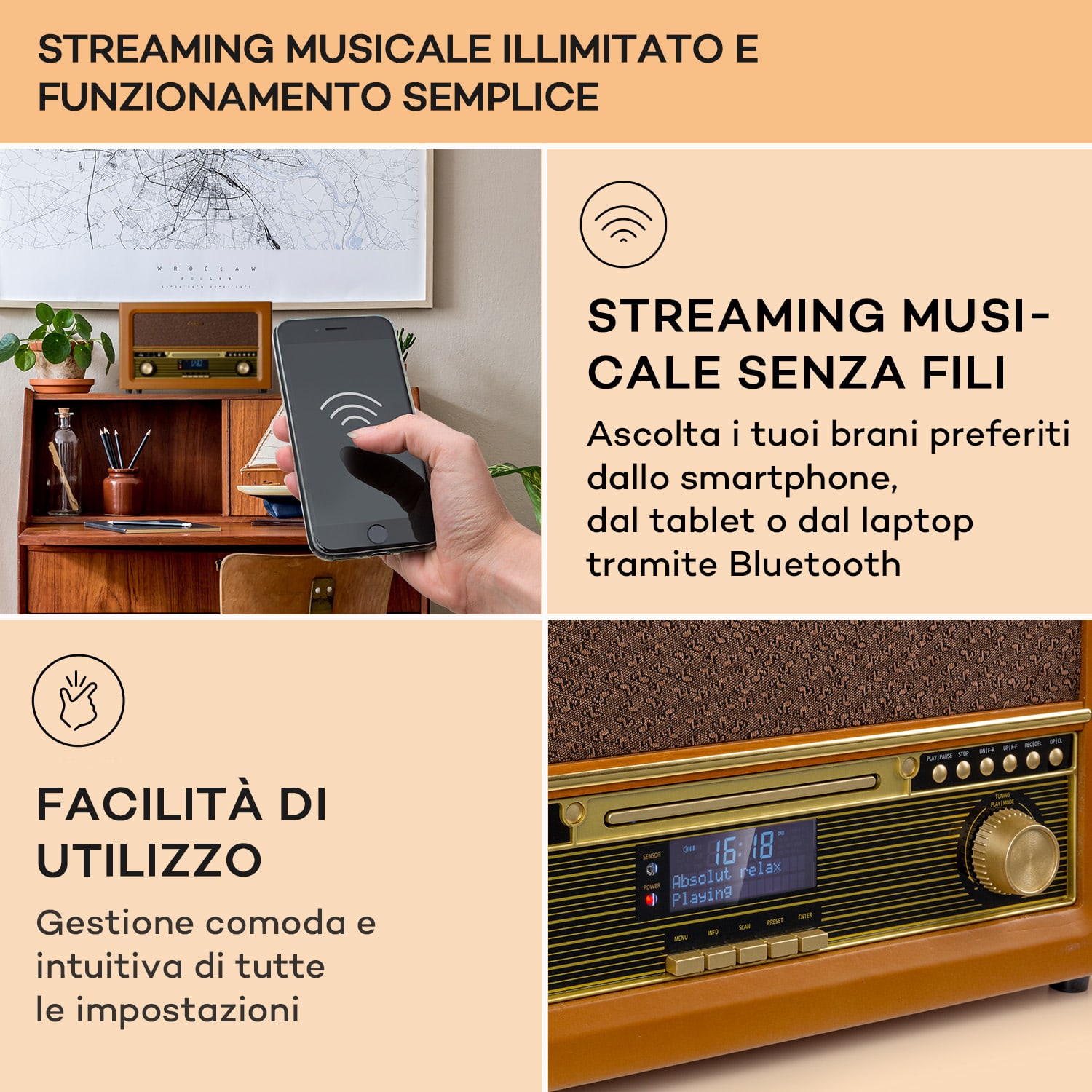 Belle Epoque 1906 DAB - Impianto stereo rétro, radio, radio DAB, radio FM, riproduzione MP3, BT 