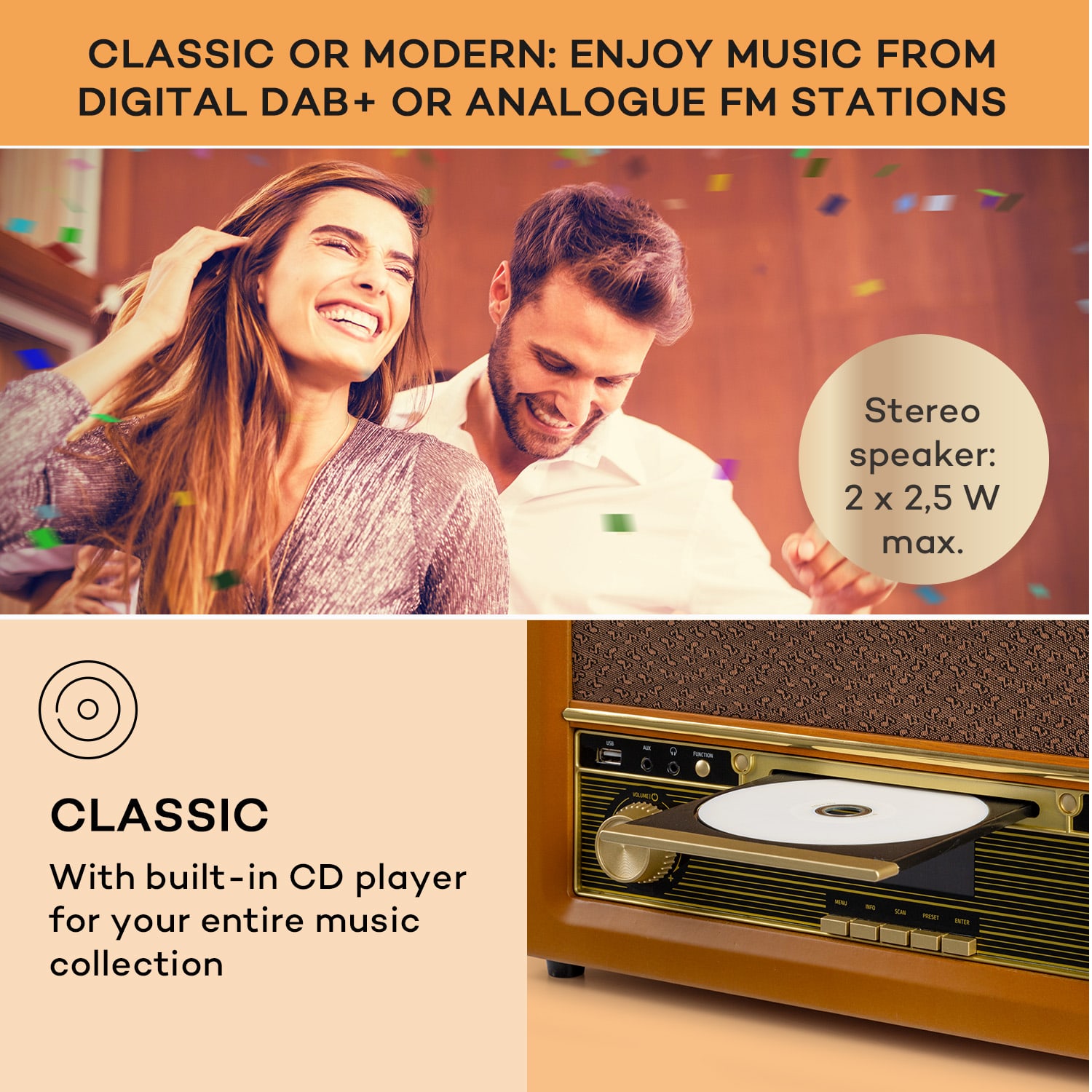 Belle Epoque 1906 DAB, retro wieża stereo, radio, DAB radio, UKF-FM radio, odtwarzanie MP3, BT Drewno wiśniowe