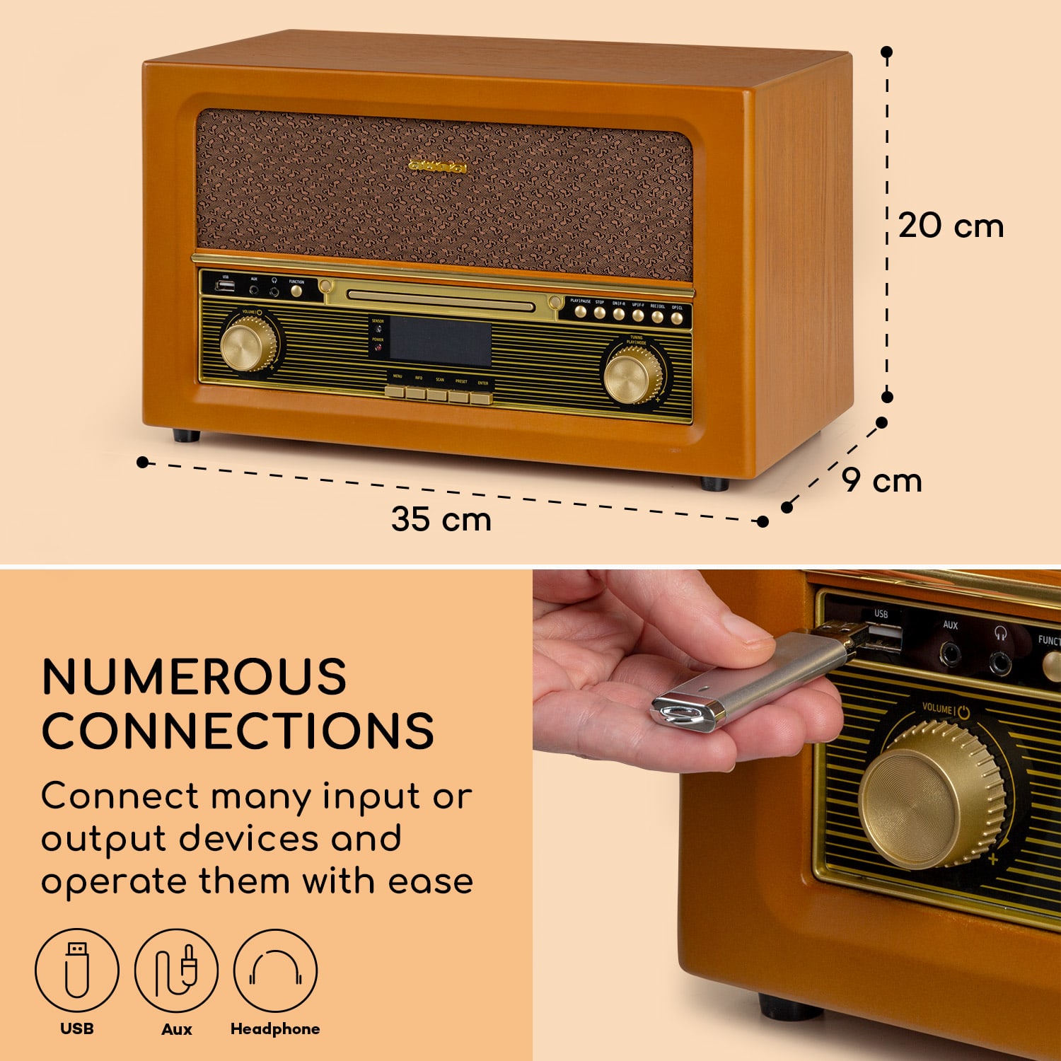 Belle Epoque 1906 DAB, retro wieża stereo, radio, DAB radio, UKF-FM radio, odtwarzanie MP3, BT Drewno wiśniowe