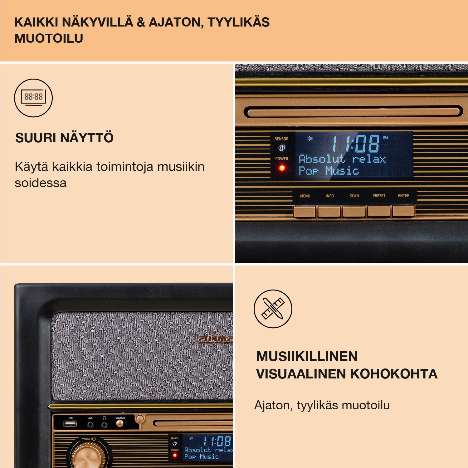 Belle Epoque 1906 DAB -retrostereojärjestelmä radio DAB-radio FM-radio MP3-toisto BT Musta