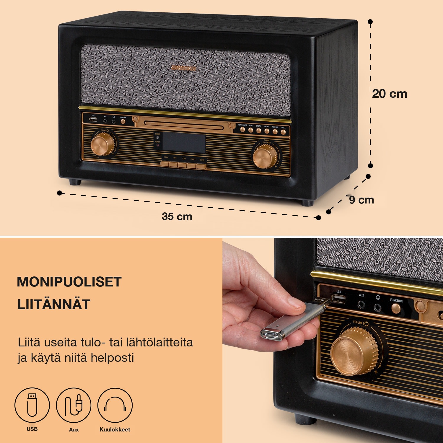 Belle Epoque 1906 DAB -retrostereojärjestelmä radio DAB-radio FM-radio MP3-toisto BT Musta