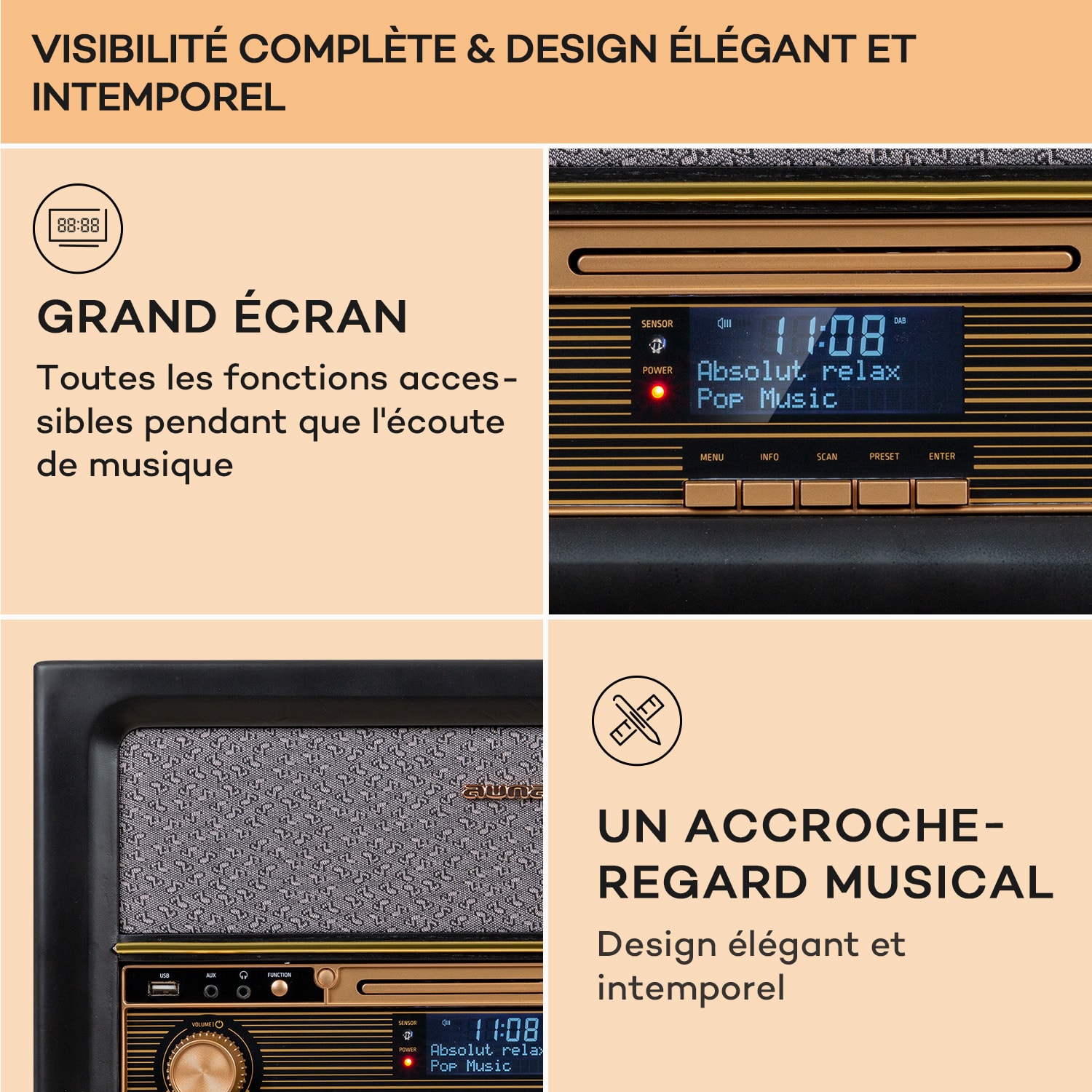 Chaîne stéréo rétro Belle Epoque 1906 DAB Radio DAB FM Lecture MP3 BT Noir