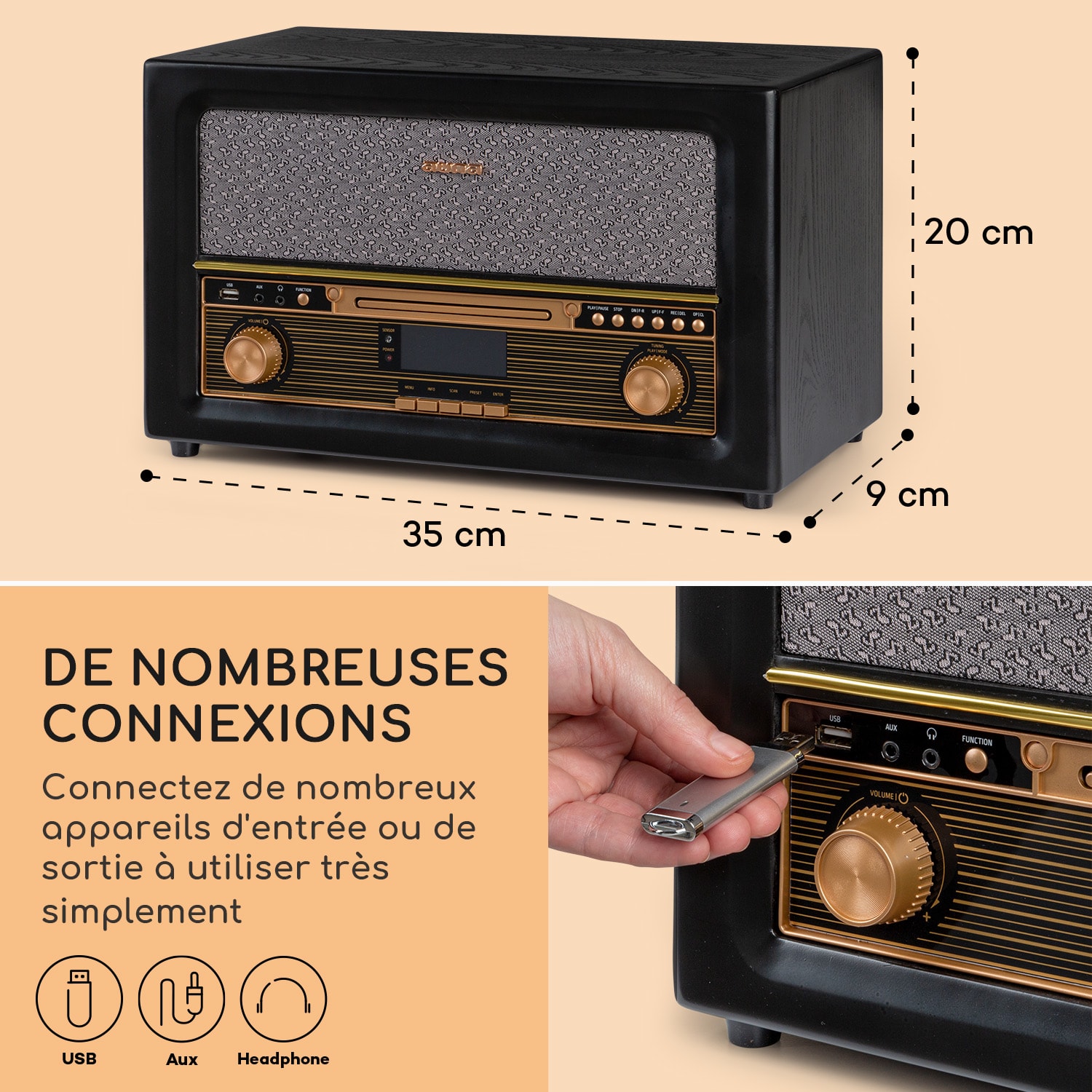 Chaîne stéréo rétro Belle Epoque 1906 DAB Radio DAB FM Lecture MP3 BT Noir