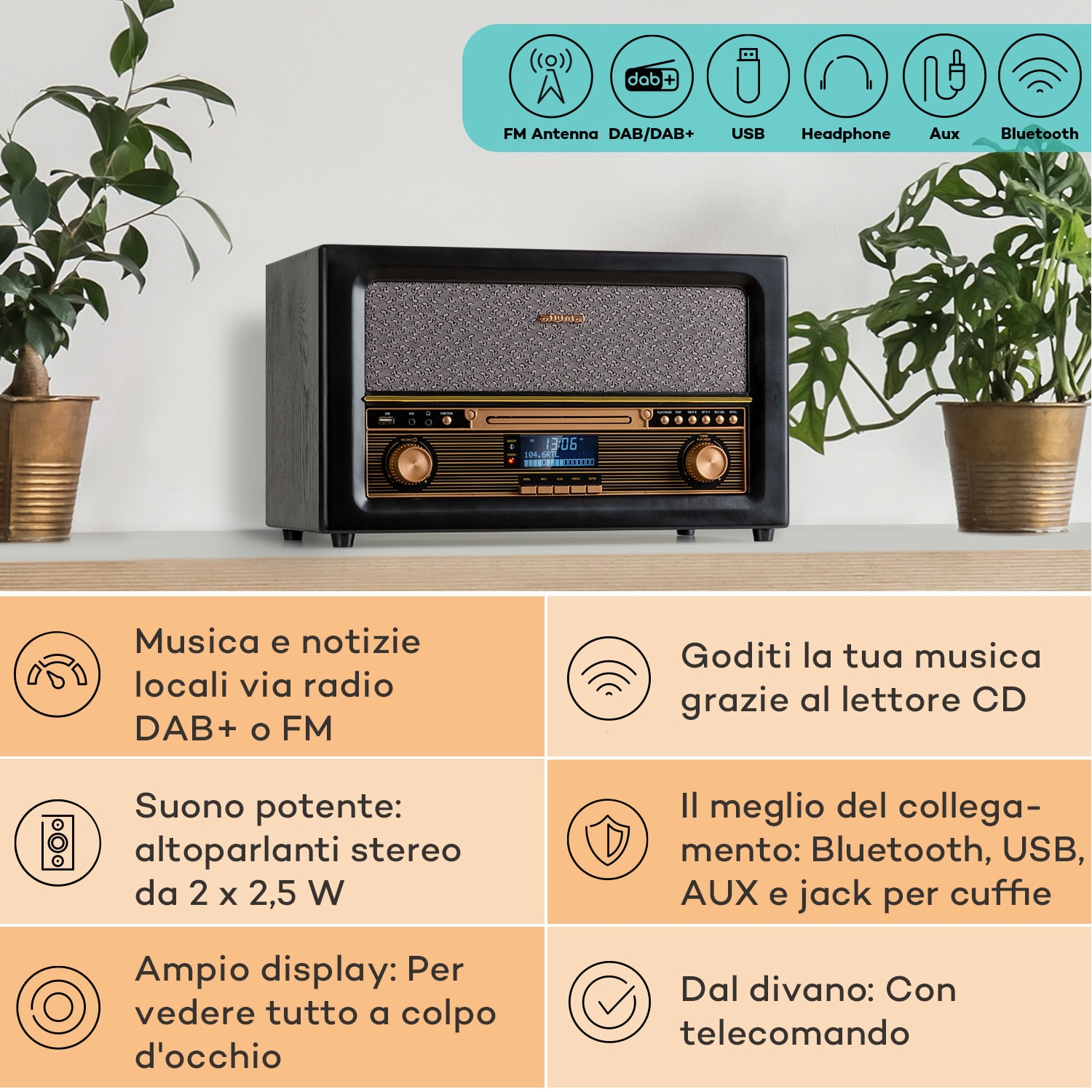 Belle Epoque 1906 DAB - Impianto stereo rétro, radio, radio DAB, radio FM, riproduzione MP3, BT Nero