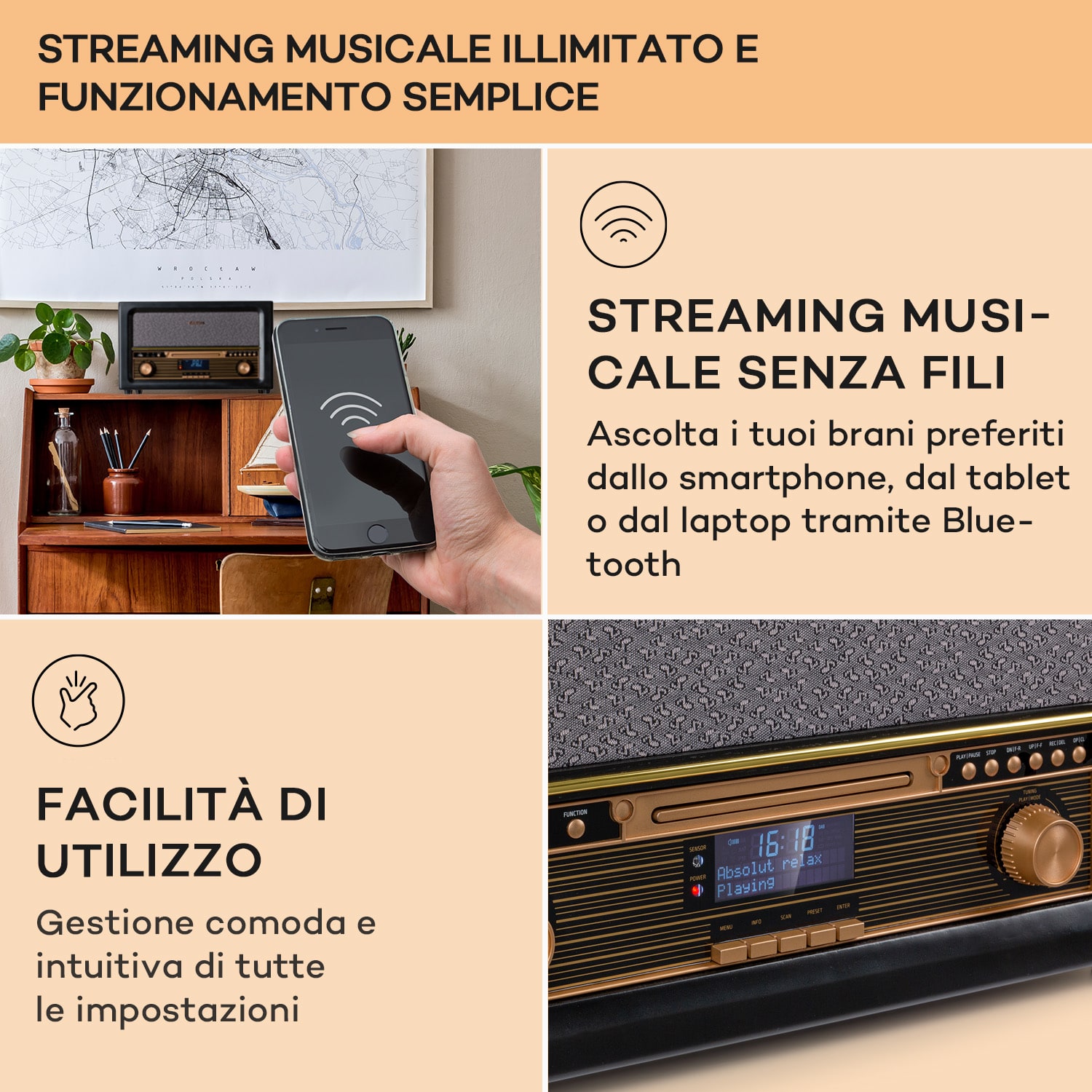 Belle Epoque 1906 DAB - Impianto stereo rétro, radio, radio DAB, radio FM, riproduzione MP3, BT Nero