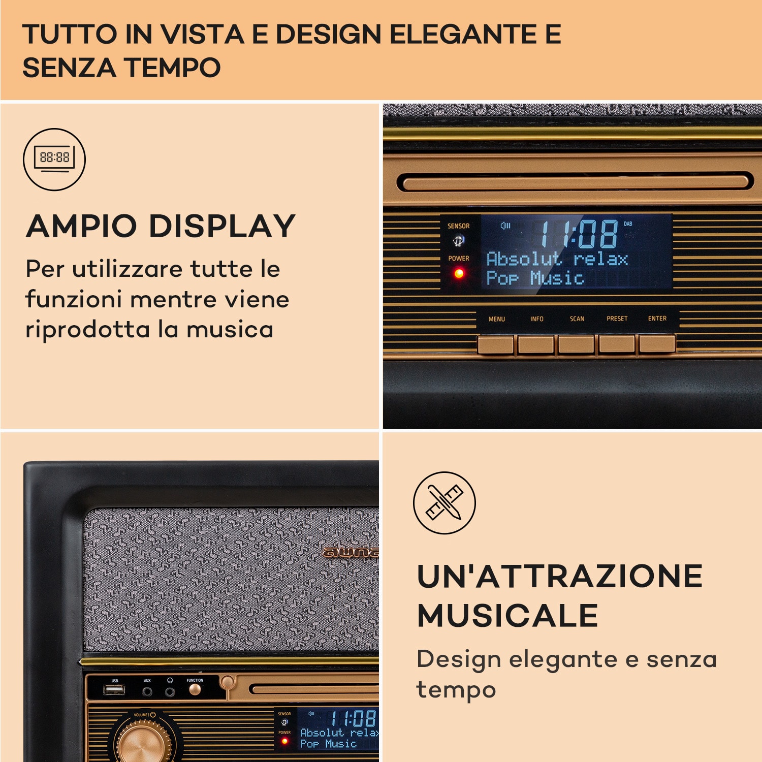 Belle Epoque 1906 DAB - Impianto stereo rétro, radio, radio DAB, radio FM, riproduzione MP3, BT Nero