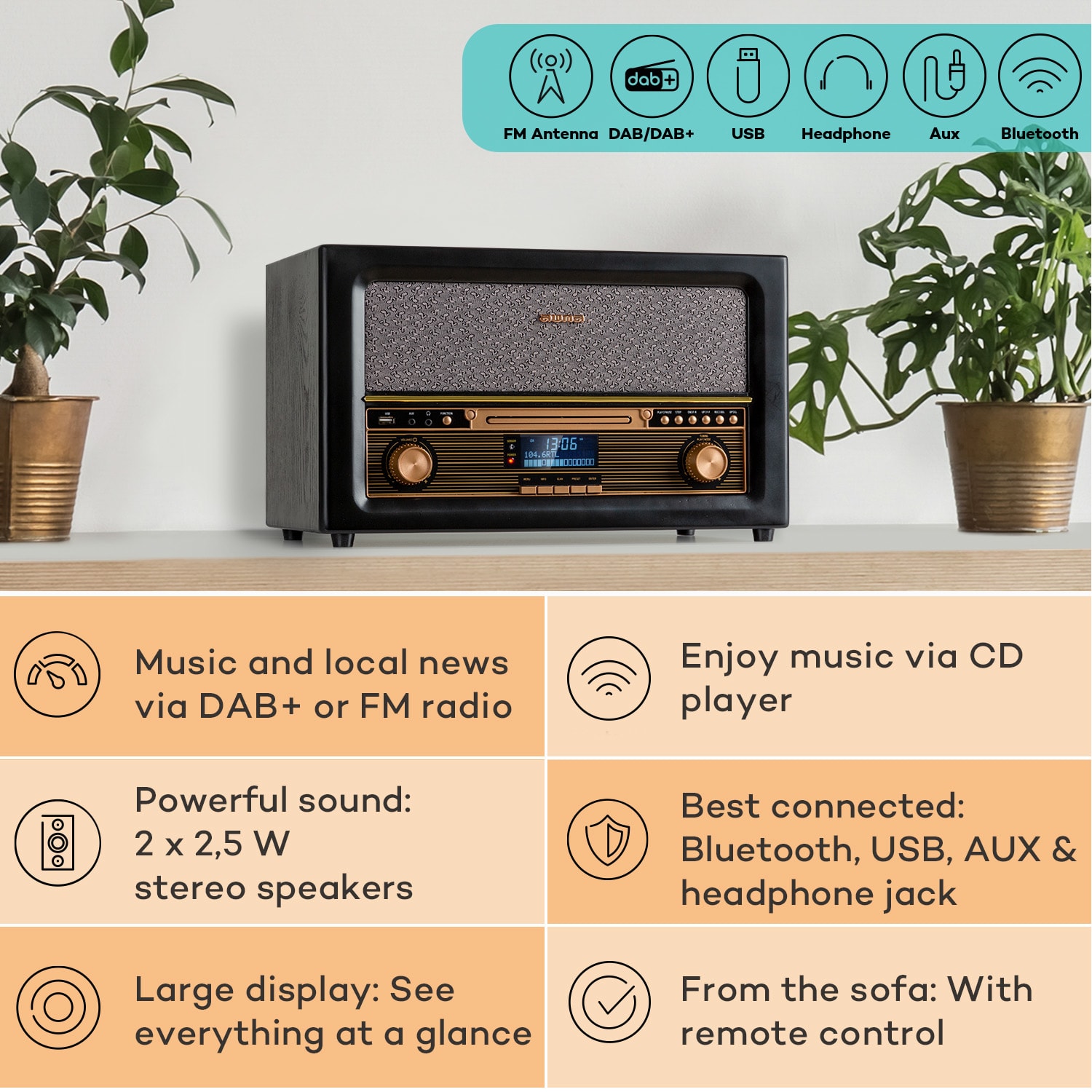 Belle Epoque 1906 DAB, retro wieża stereo, radio, DAB radio, UKF-FM radio, odtwarzanie MP3, BT Czarny