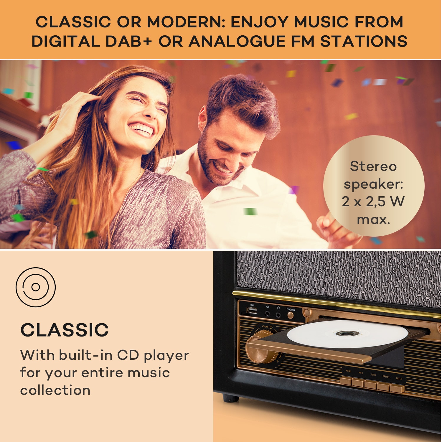 Belle Epoque 1906 DAB, retro wieża stereo, radio, DAB radio, UKF-FM radio, odtwarzanie MP3, BT Czarny