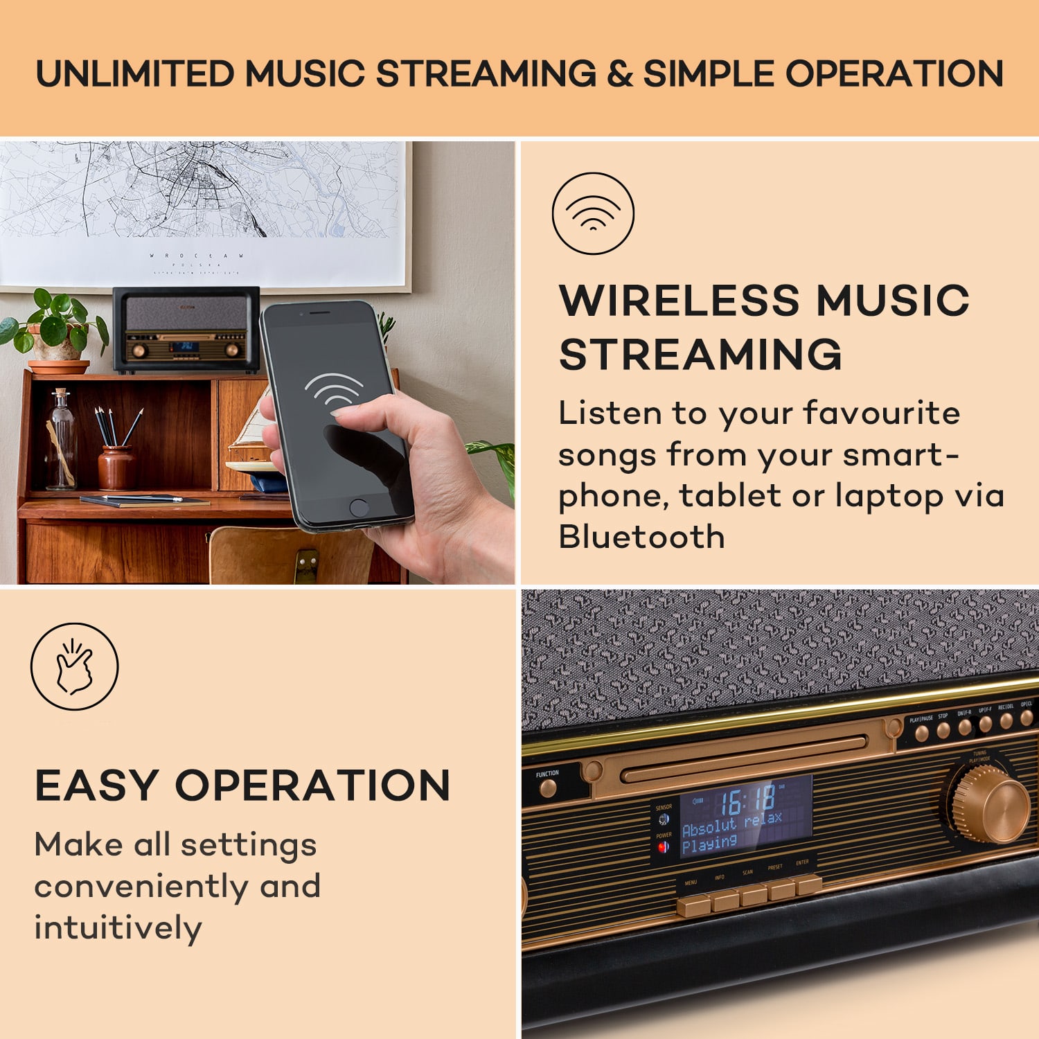 Belle Epoque 1906 DAB, retro wieża stereo, radio, DAB radio, UKF-FM radio, odtwarzanie MP3, BT Czarny