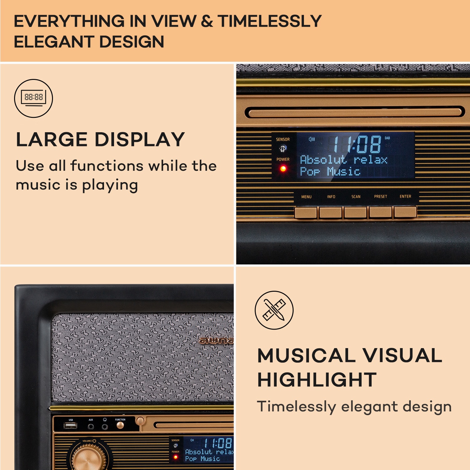 Belle Epoque 1906 DAB, retro wieża stereo, radio, DAB radio, UKF-FM radio, odtwarzanie MP3, BT Czarny