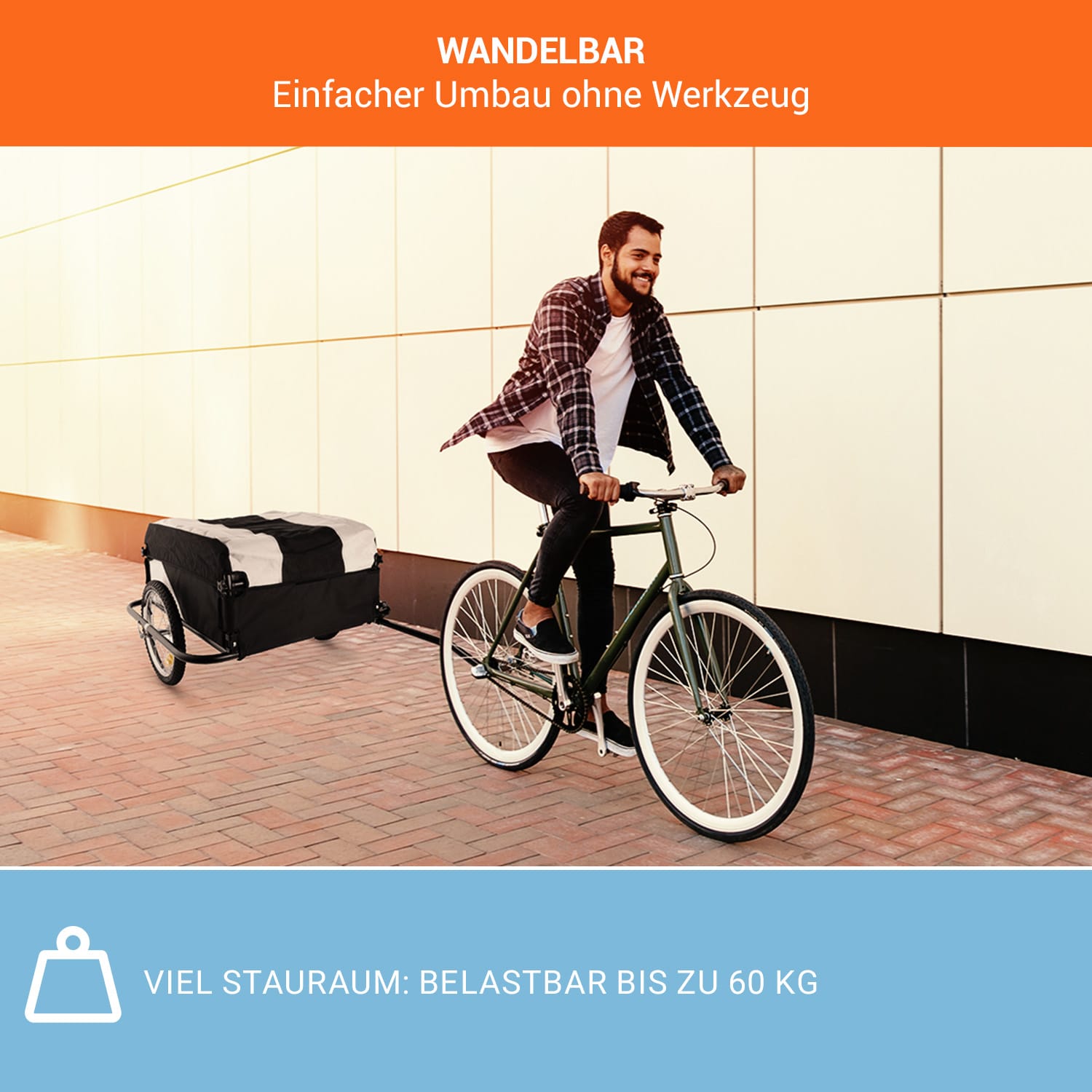 Mountee Fahrradanhänger Lastenanhänger 130l 60kg Stahlrohr Taubengrau
