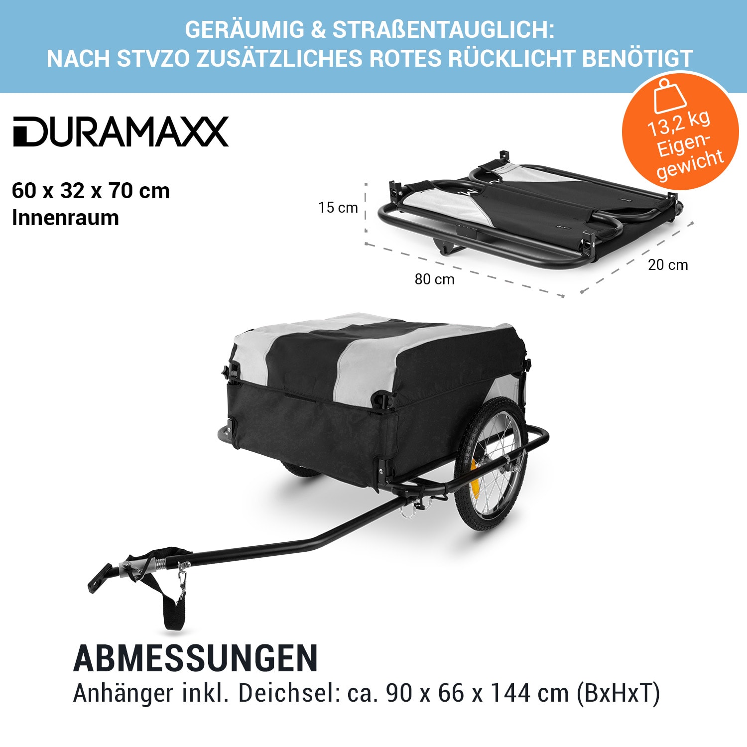Mountee Fahrradanhänger Lastenanhänger 130l 60kg Stahlrohr Taubengrau
