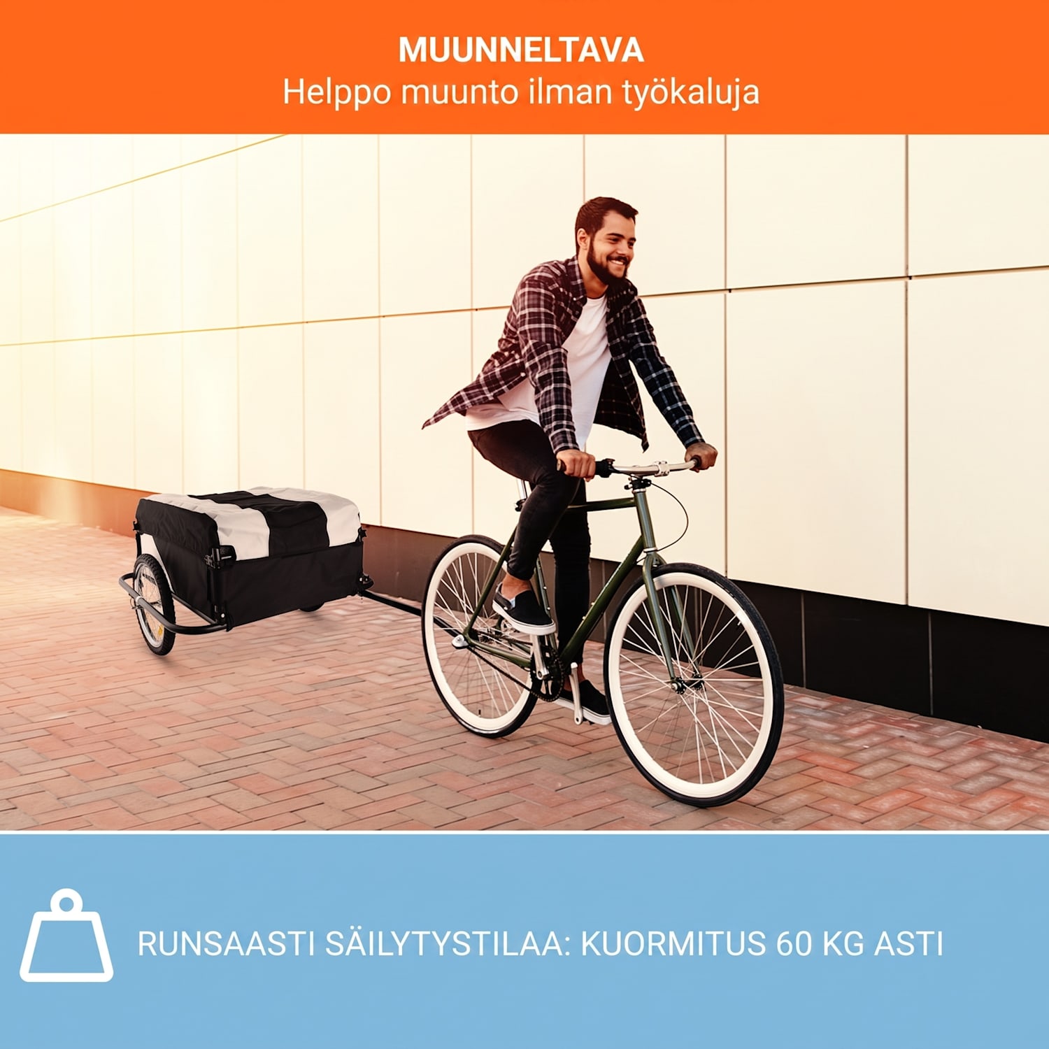 Mountee polkupyörän peräkärry/kuljetuskärry 130l 60kg teräsputki Kyyhkynharmaa