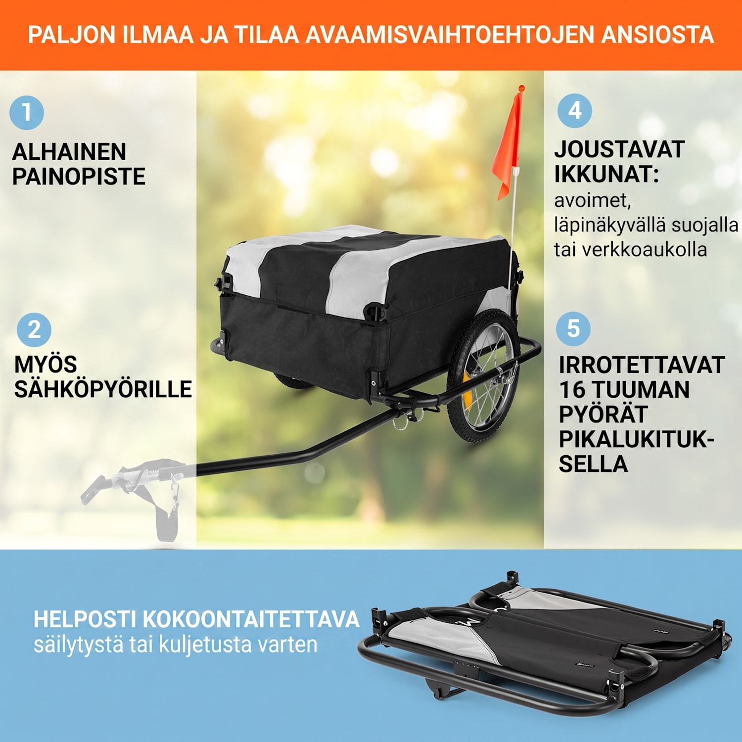 Mountee polkupyörän peräkärry/kuljetuskärry 130l 60kg teräsputki Kyyhkynharmaa