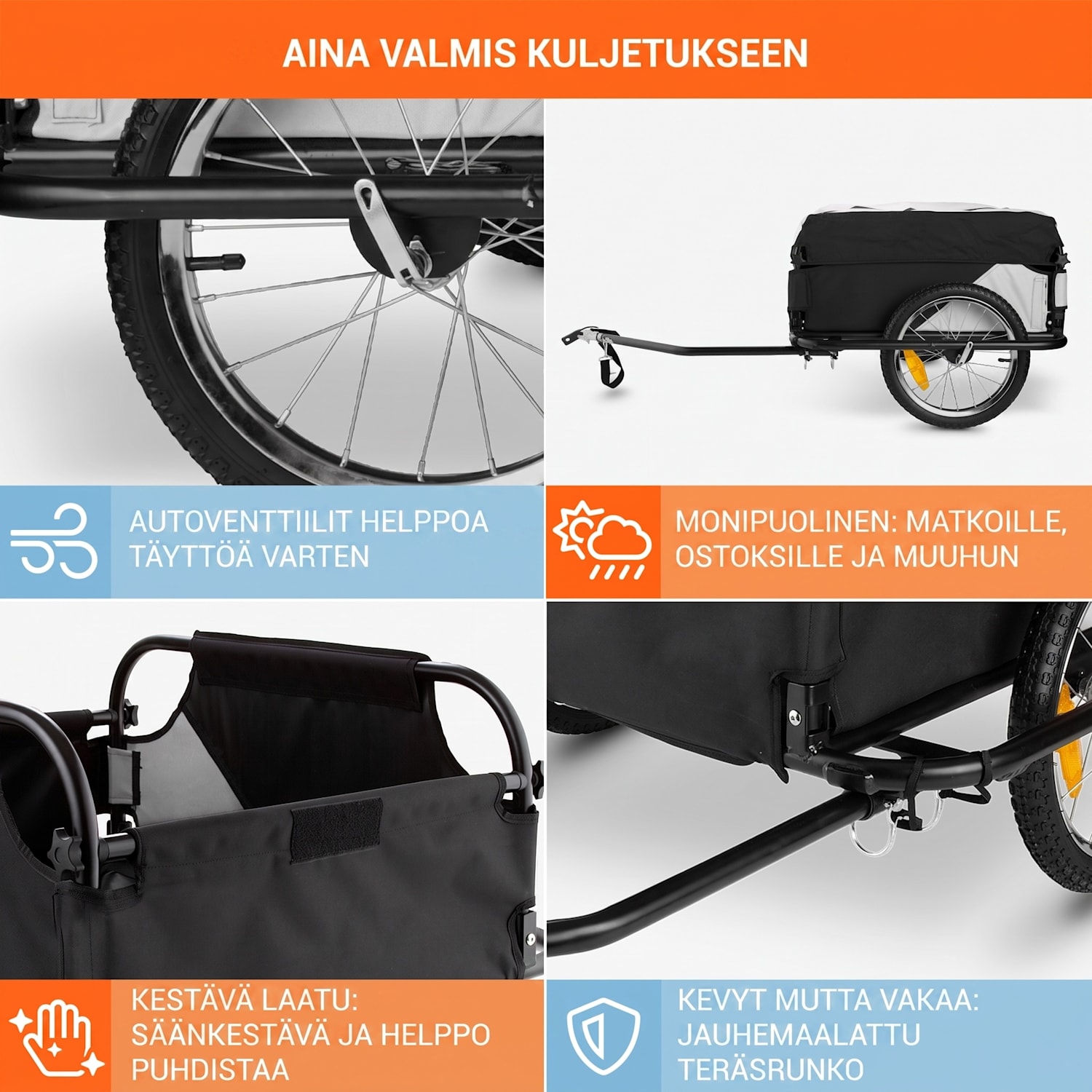 Mountee polkupyörän peräkärry/kuljetuskärry 130l 60kg teräsputki Kyyhkynharmaa