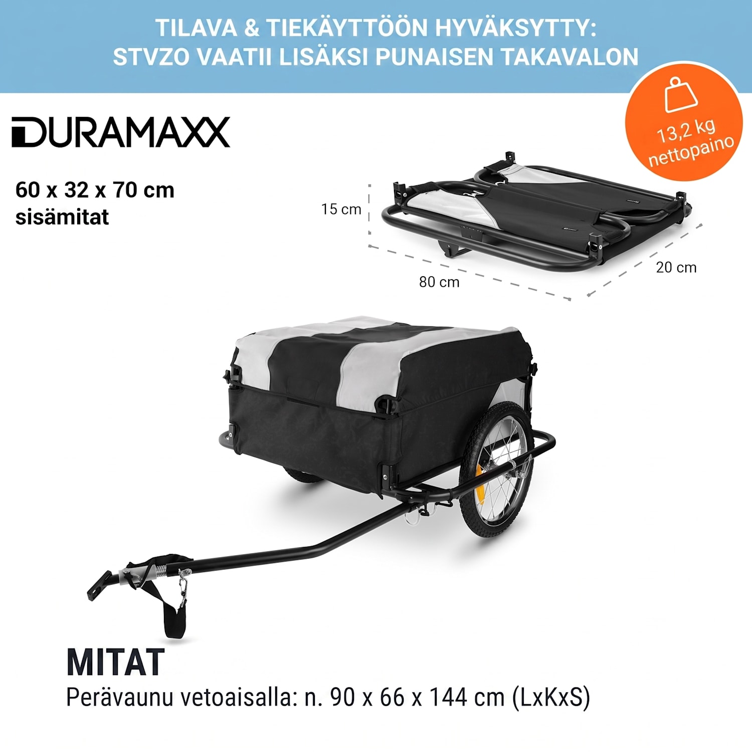 Mountee polkupyörän peräkärry/kuljetuskärry 130l 60kg teräsputki Kyyhkynharmaa