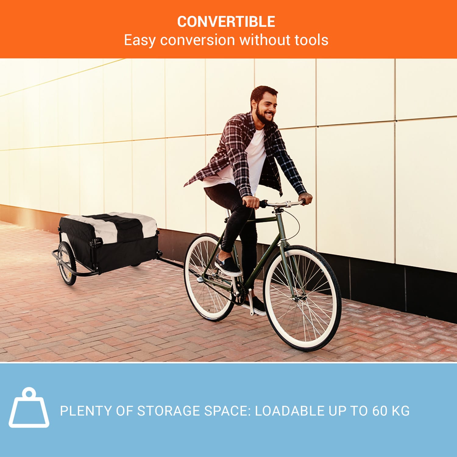 Mountee, přívěs za kolo, nákladní vozík, 130 l, 60 kg, ocelová tyč Dove Gray