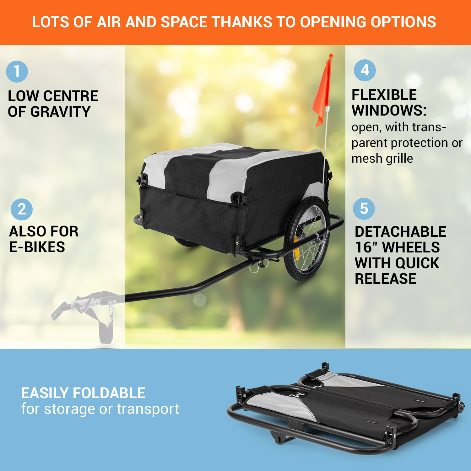 Mountee, přívěs za kolo, nákladní vozík, 130 l, 60 kg, ocelová tyč Dove Gray