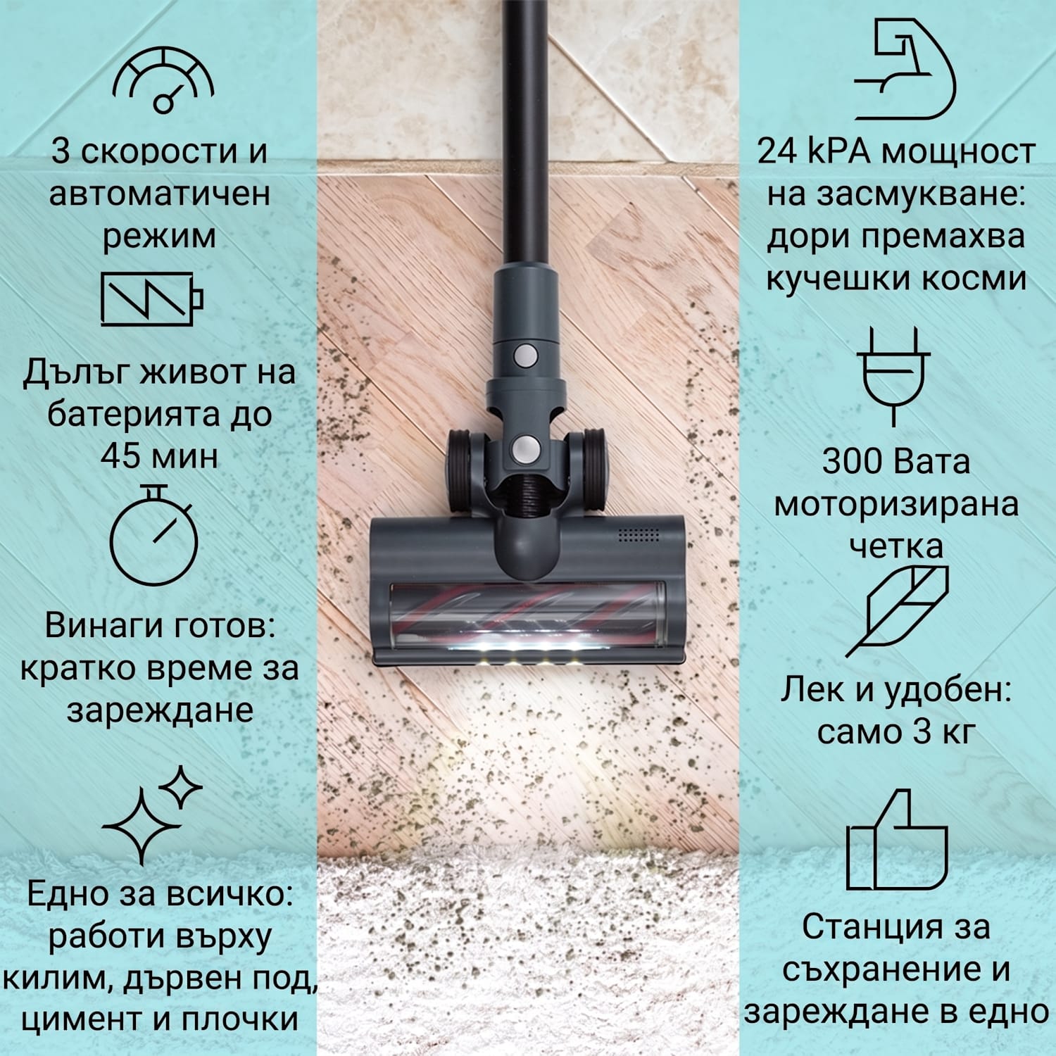 LARMA, прахосмукачка, безжична, без торбичка, максимално време на работа 45 мин, LED Антрацит