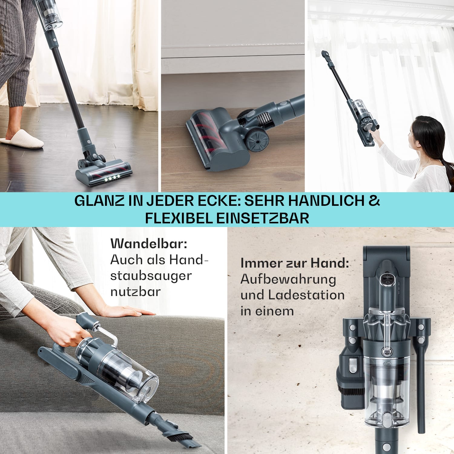 LARMA Staubsauger kabellos beutellos Akku 45 min Laufzeit max. LED Anthrazit