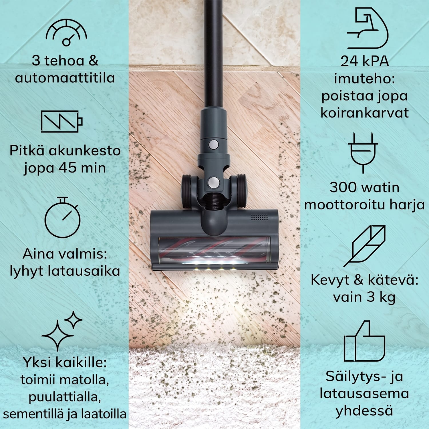LARMA-pölynimuri johdoton pussiton akkukäyttöinen max. 45 min käyttöaika LED Antrasiitti