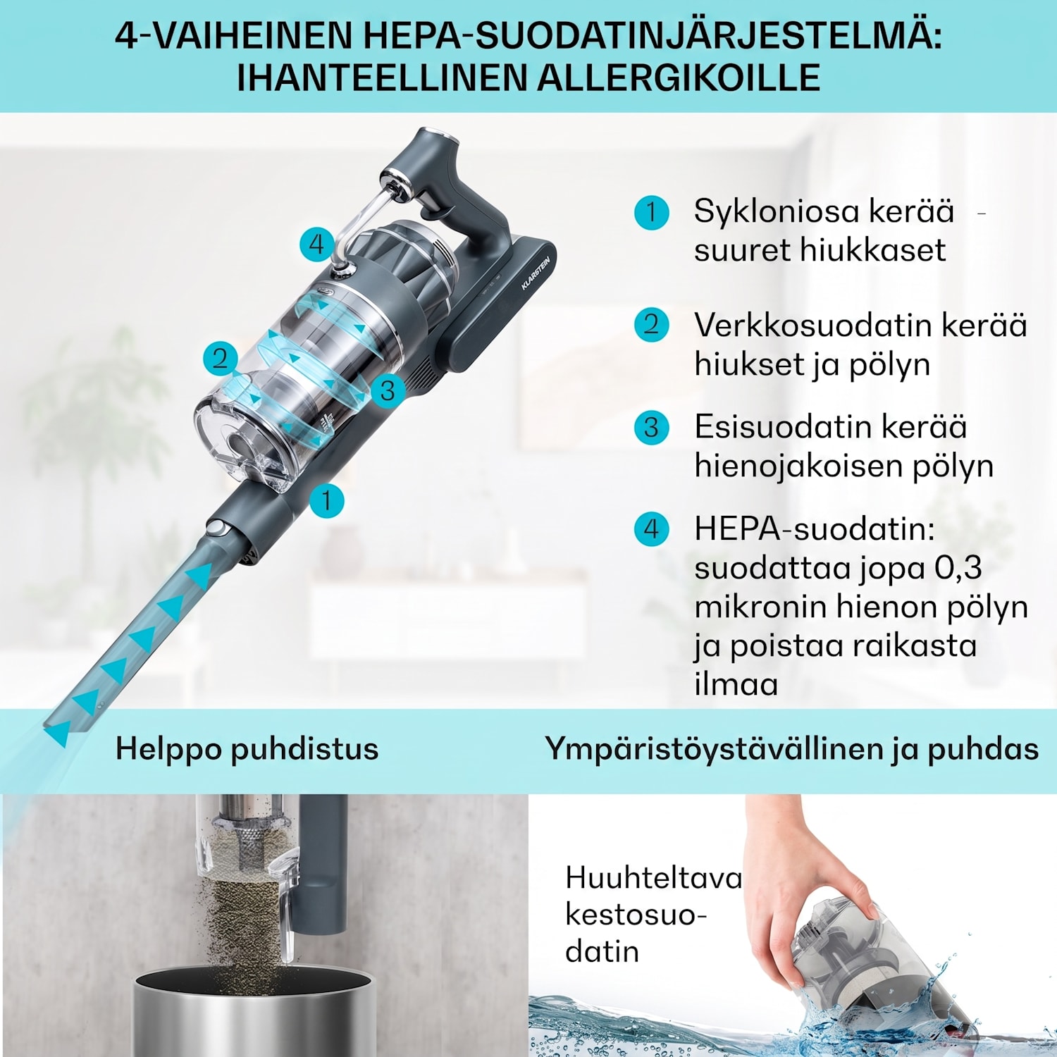 LARMA-pölynimuri johdoton pussiton akkukäyttöinen max. 45 min käyttöaika LED Antrasiitti
